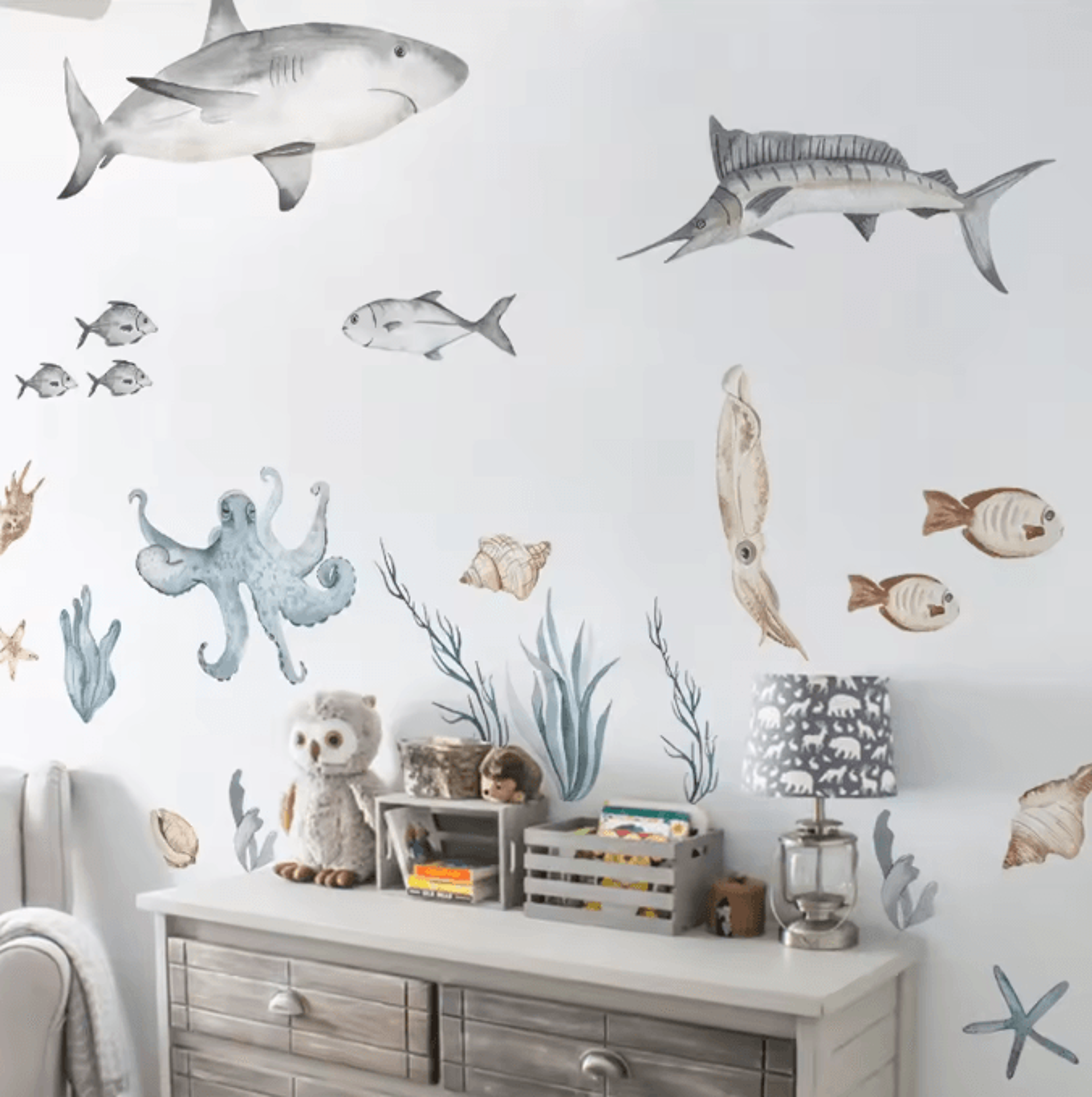 Watercolor Shark Wall Decals  3D Ocean Animal Stickers For Kids Room  Nursery Decor 3