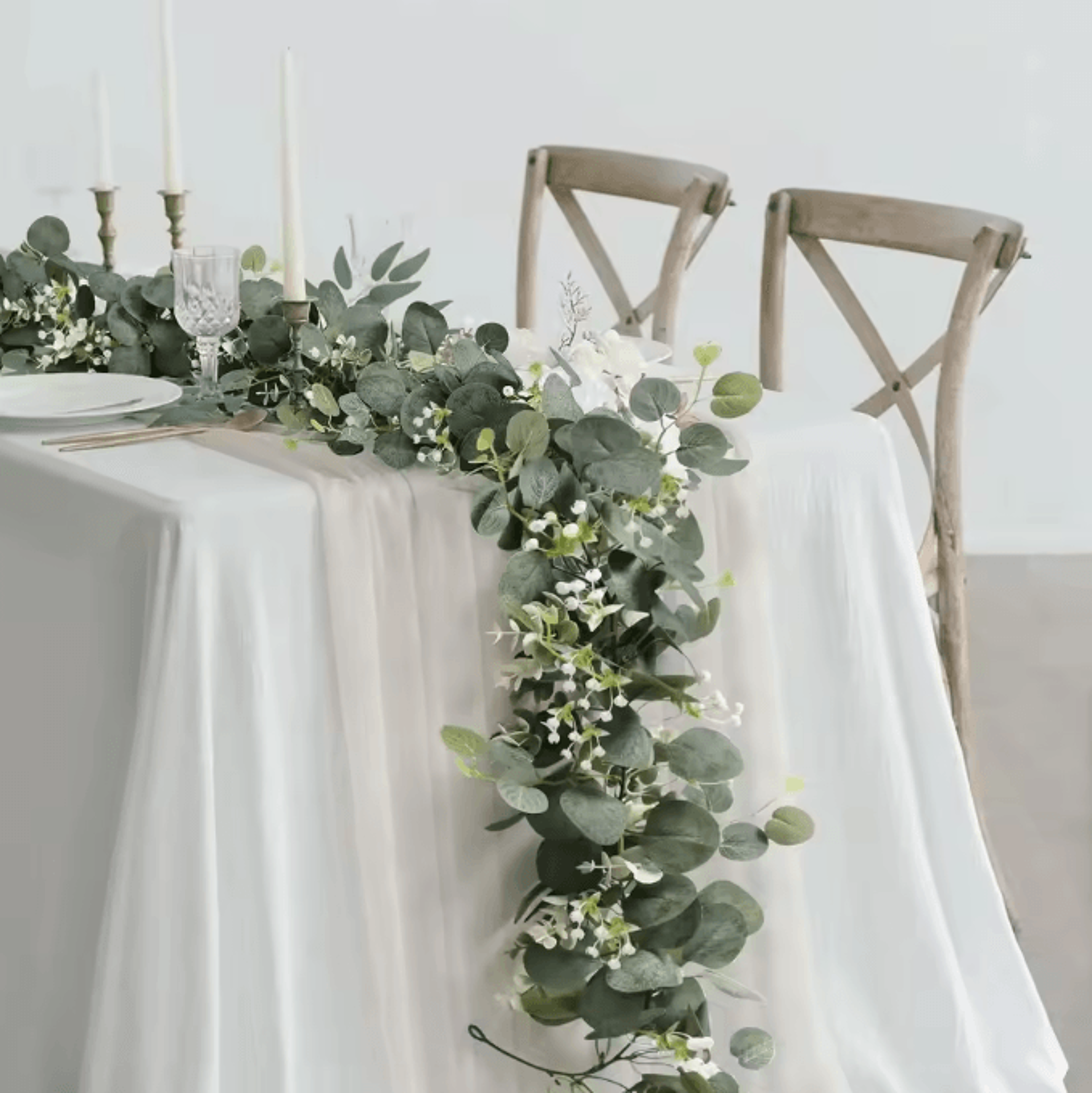 elegant artificial eucalyptus garland with white flowers & berries for wedding and home decor
