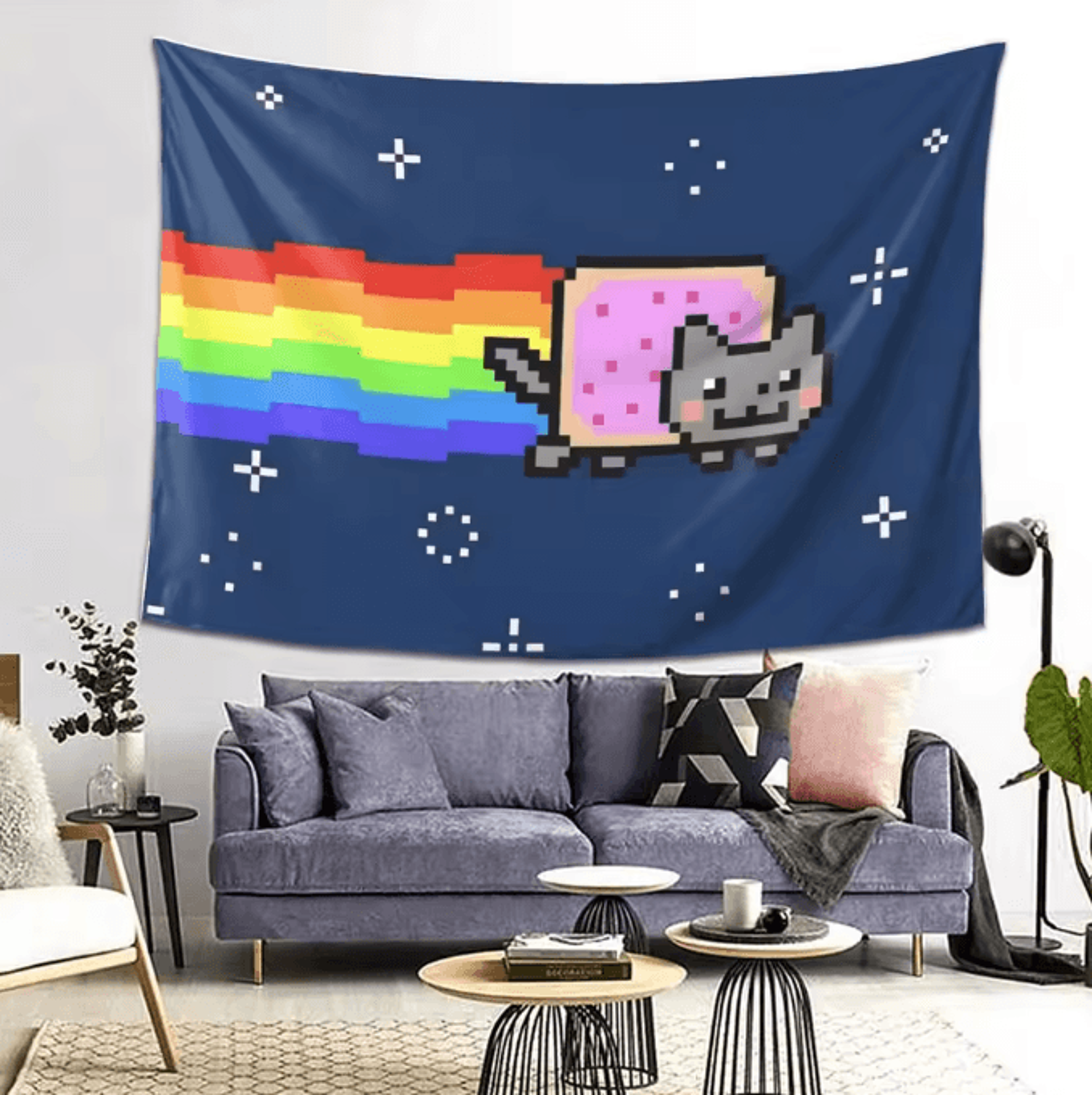 retro nyan cat pixel art tapestry for gaming room and living space decor