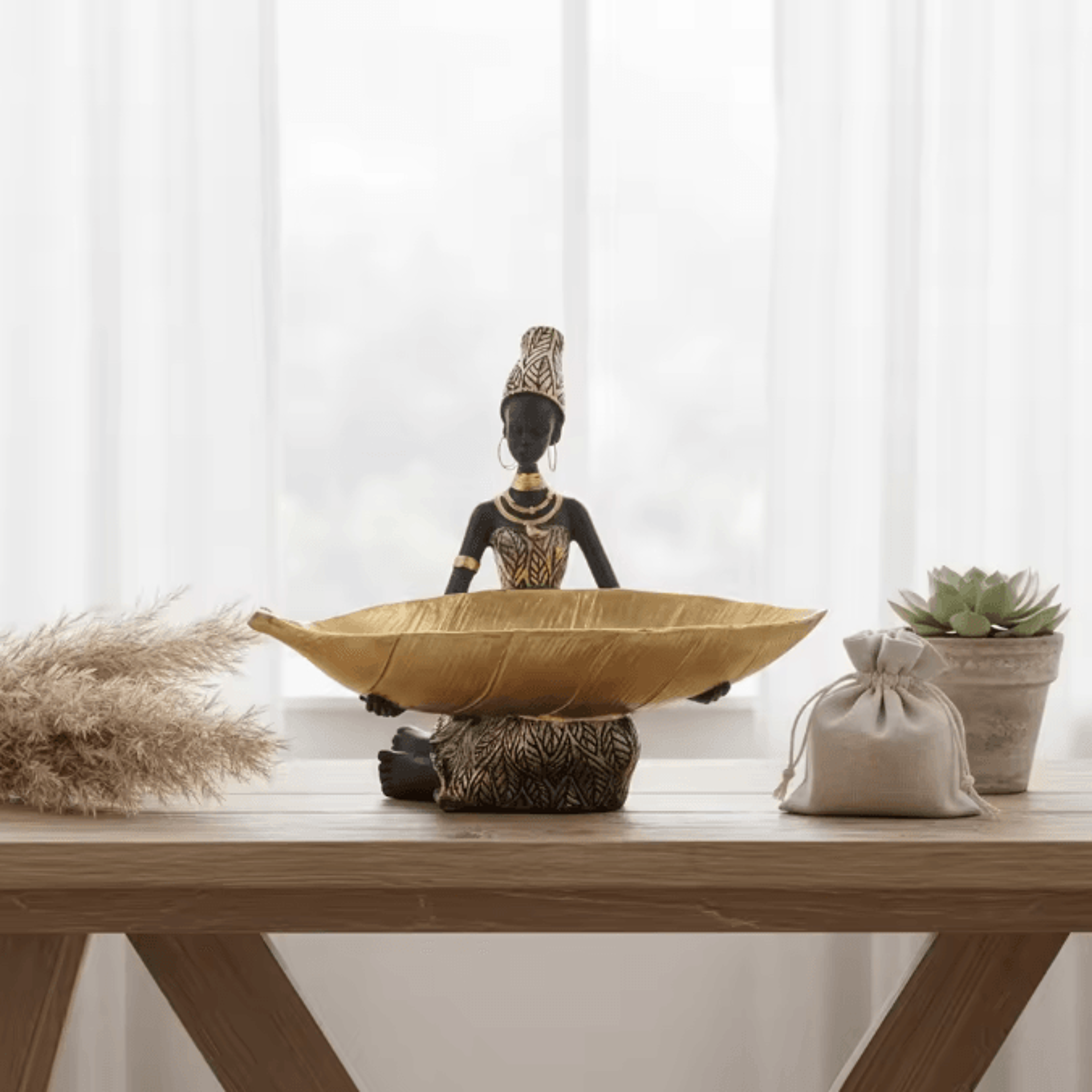 Hand Crafted African Resin Figurine With Trinket Tray For Home And Office Decor 3