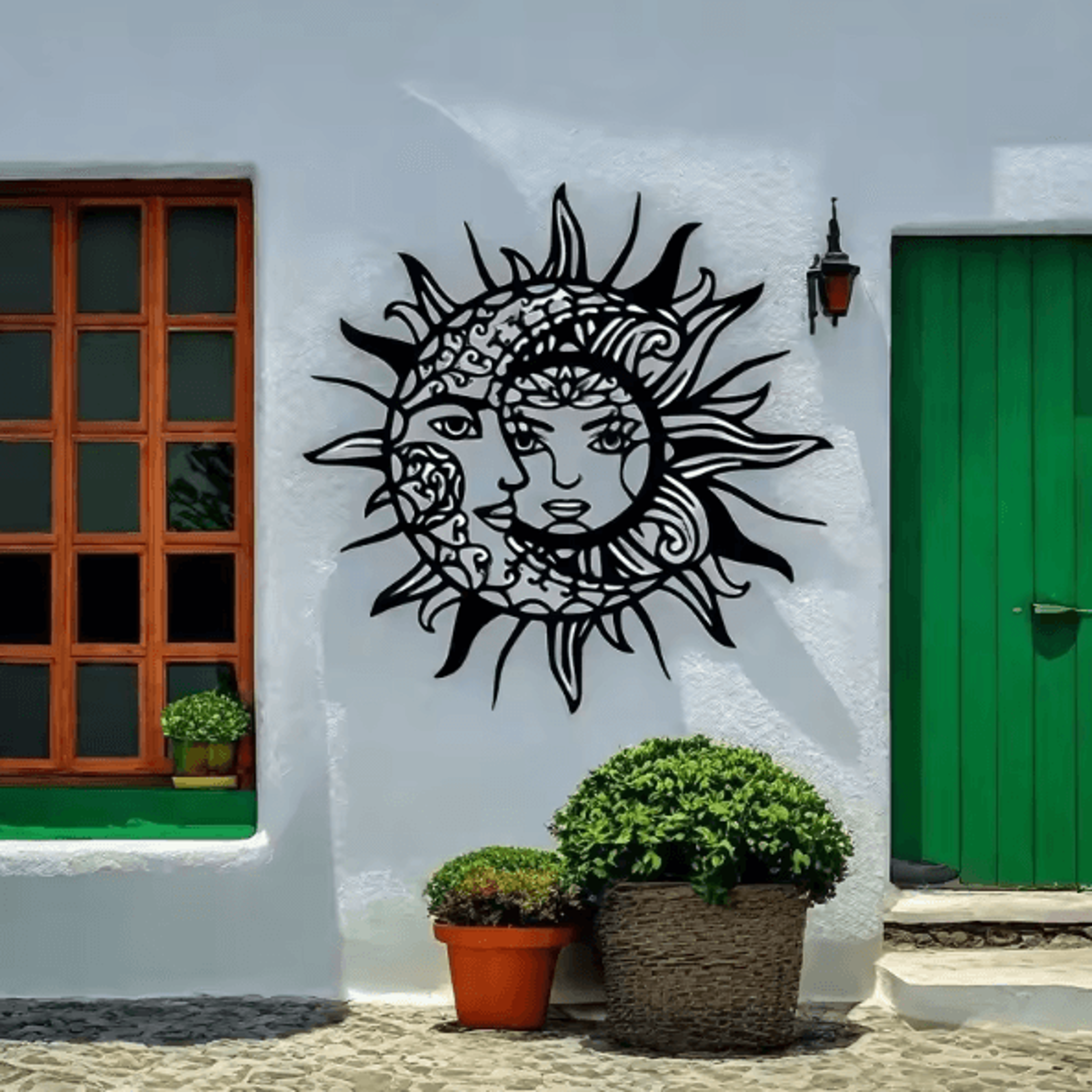 geometric sun and moon metal wall art for modern mystical home decor