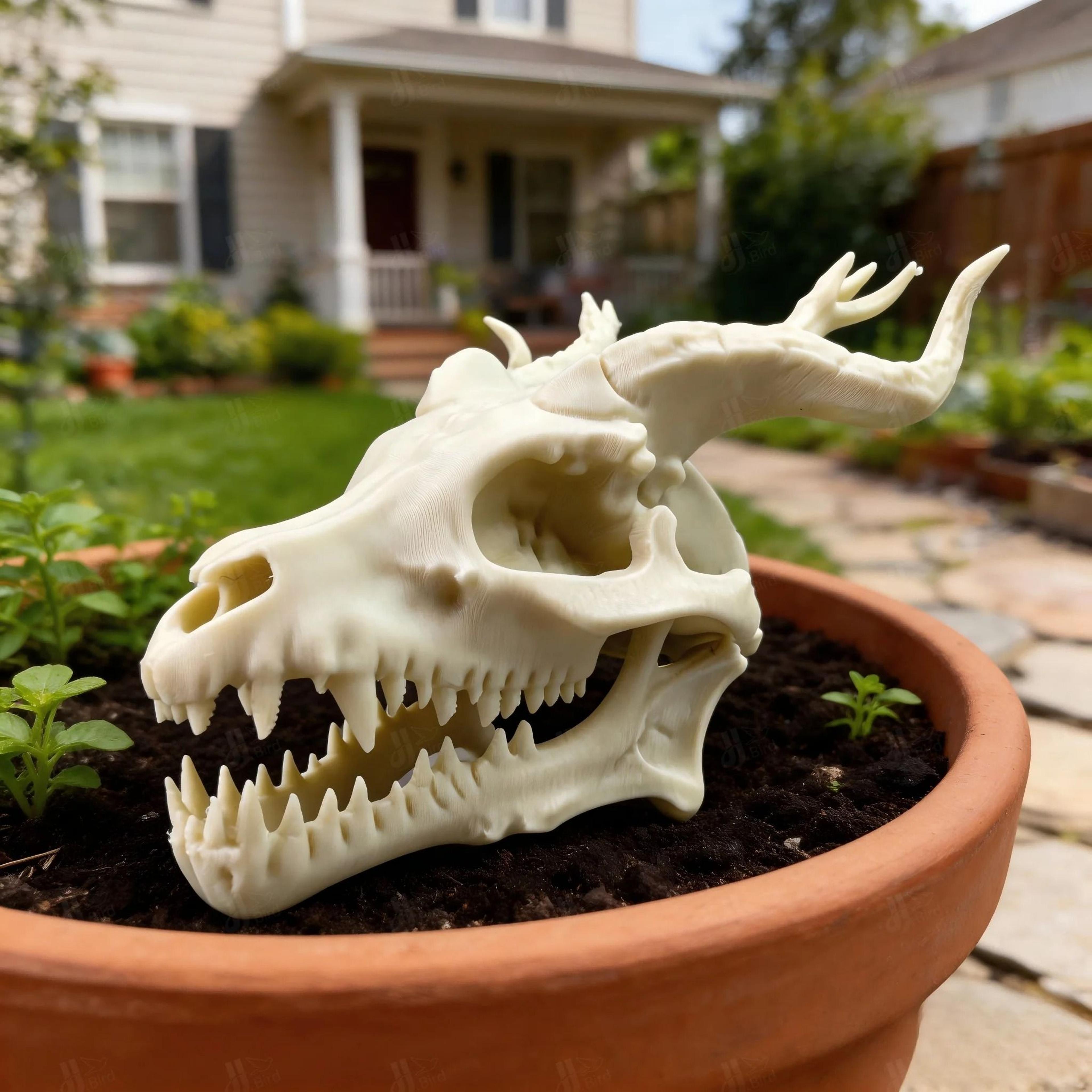 Horned Dragon Skull Garden Decor Sculpture 4