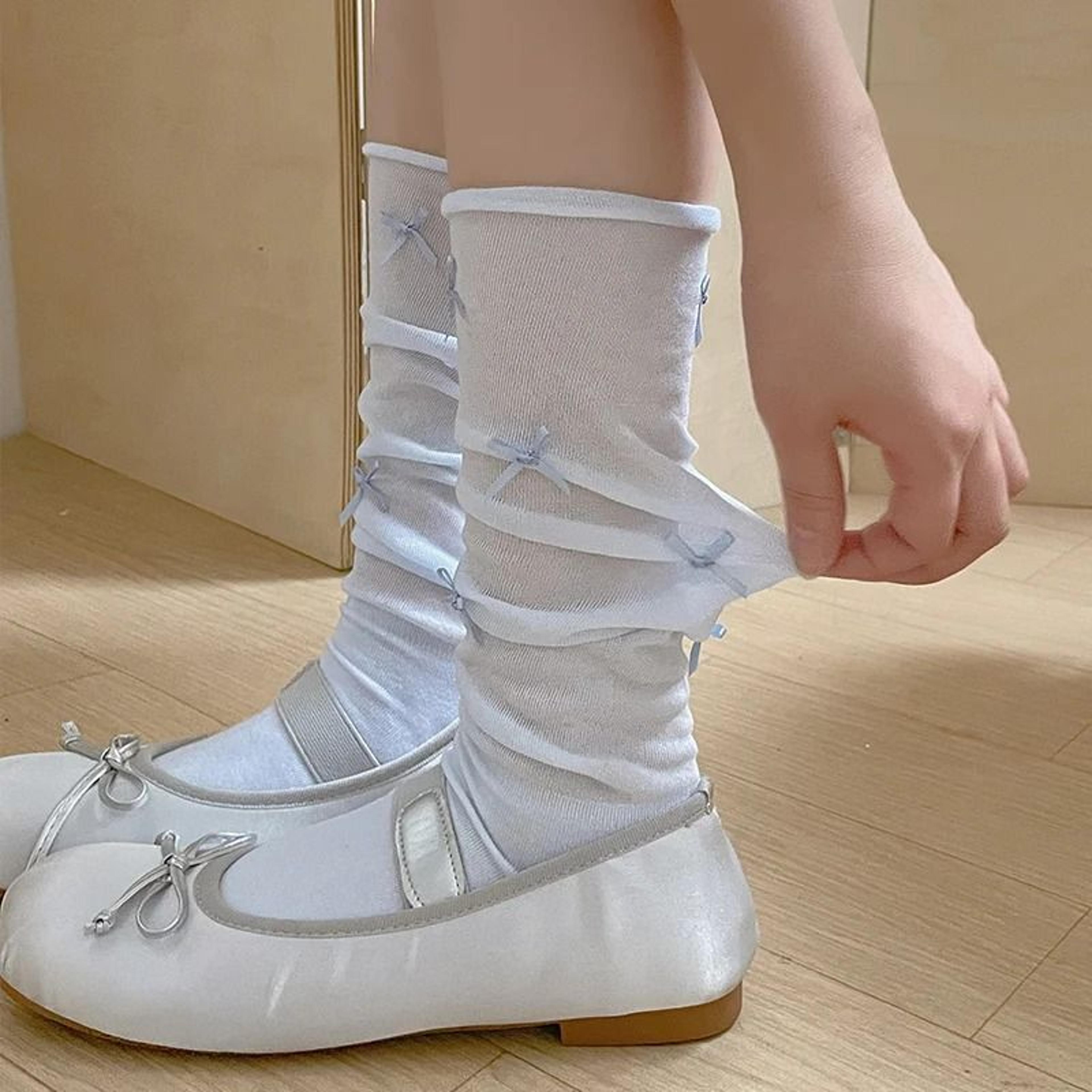 Japanese Style Knee High Mesh Socks With Bow Accent For Women 0