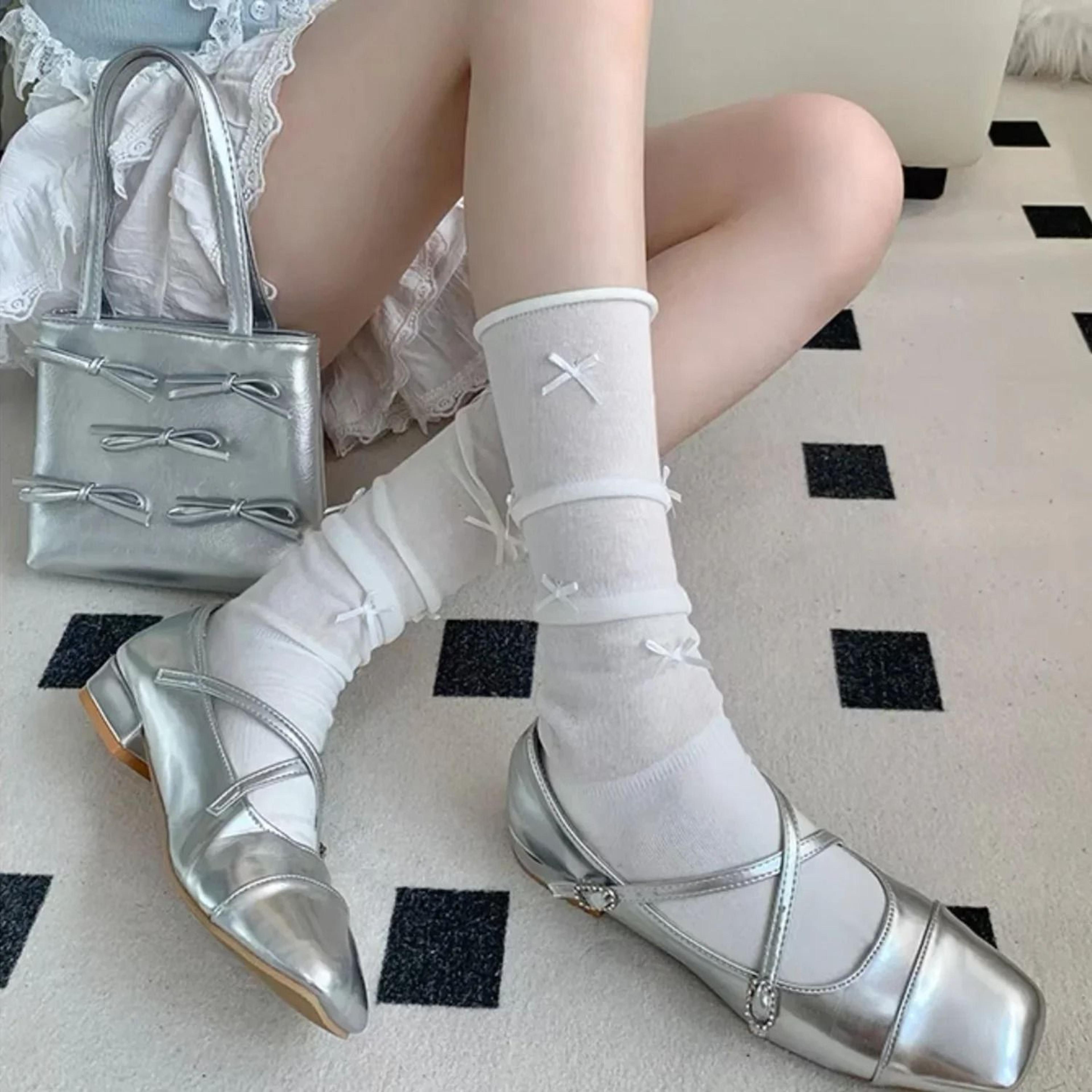 Japanese Style Knee High Mesh Socks With Bow Accent For Women 4