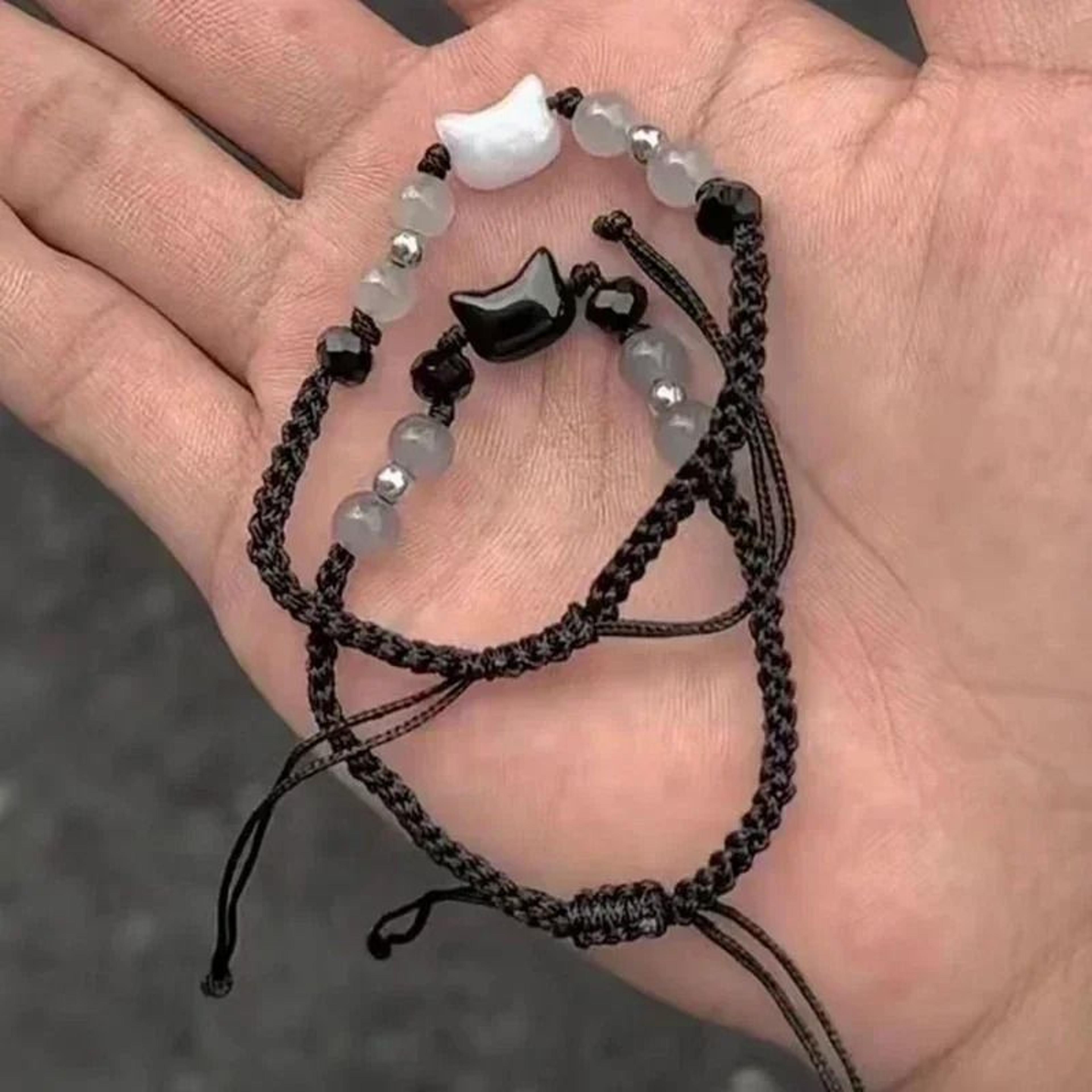 Natural Moonstone And Obsidian Cat Bracelet Set Matching Couple Friendship Bracelets 4