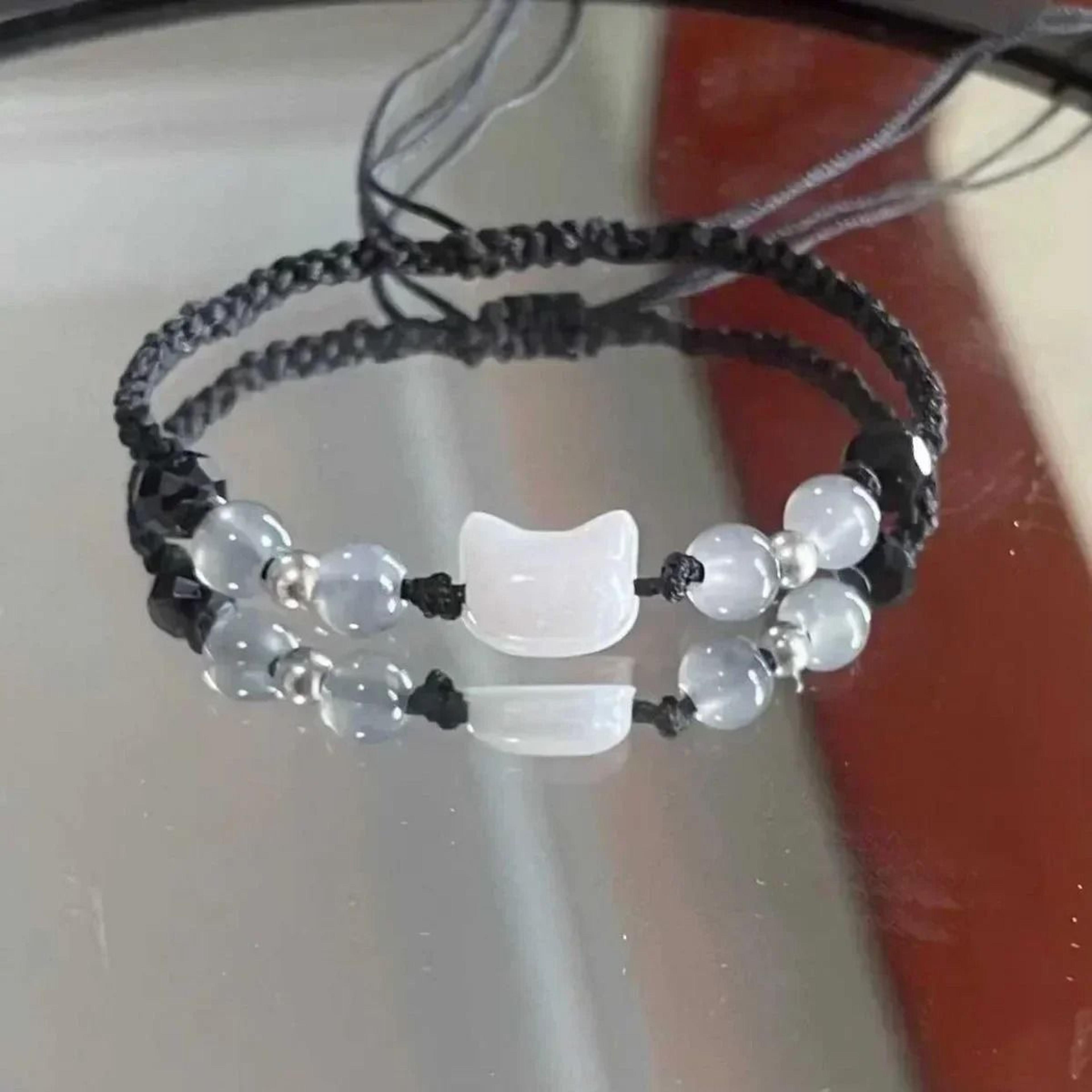 Natural Moonstone And Obsidian Cat Bracelet Set Matching Couple Friendship Bracelets 5