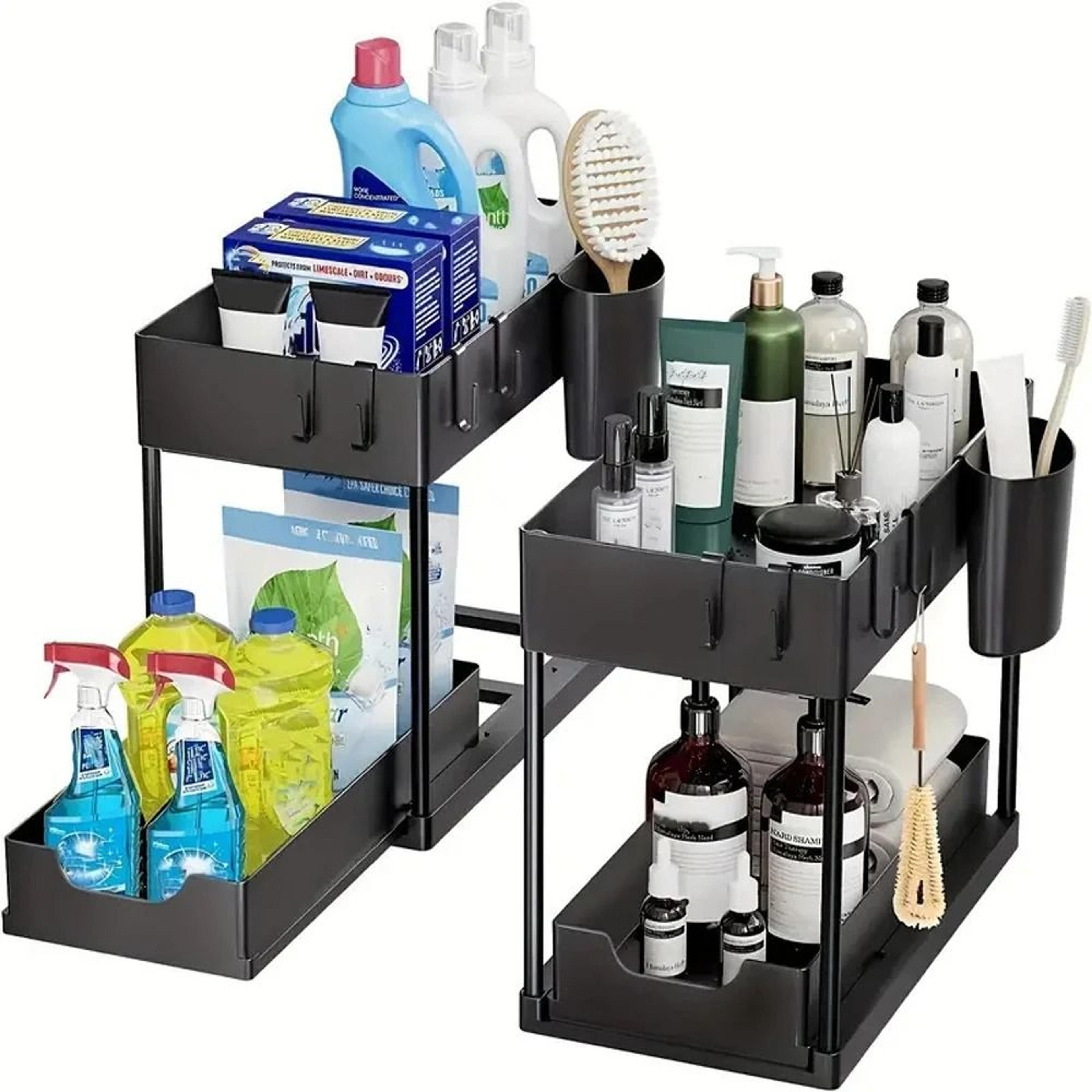2 tier under sink organizer with sliding basket and storage hooks for kitchen and bathroom cabinets