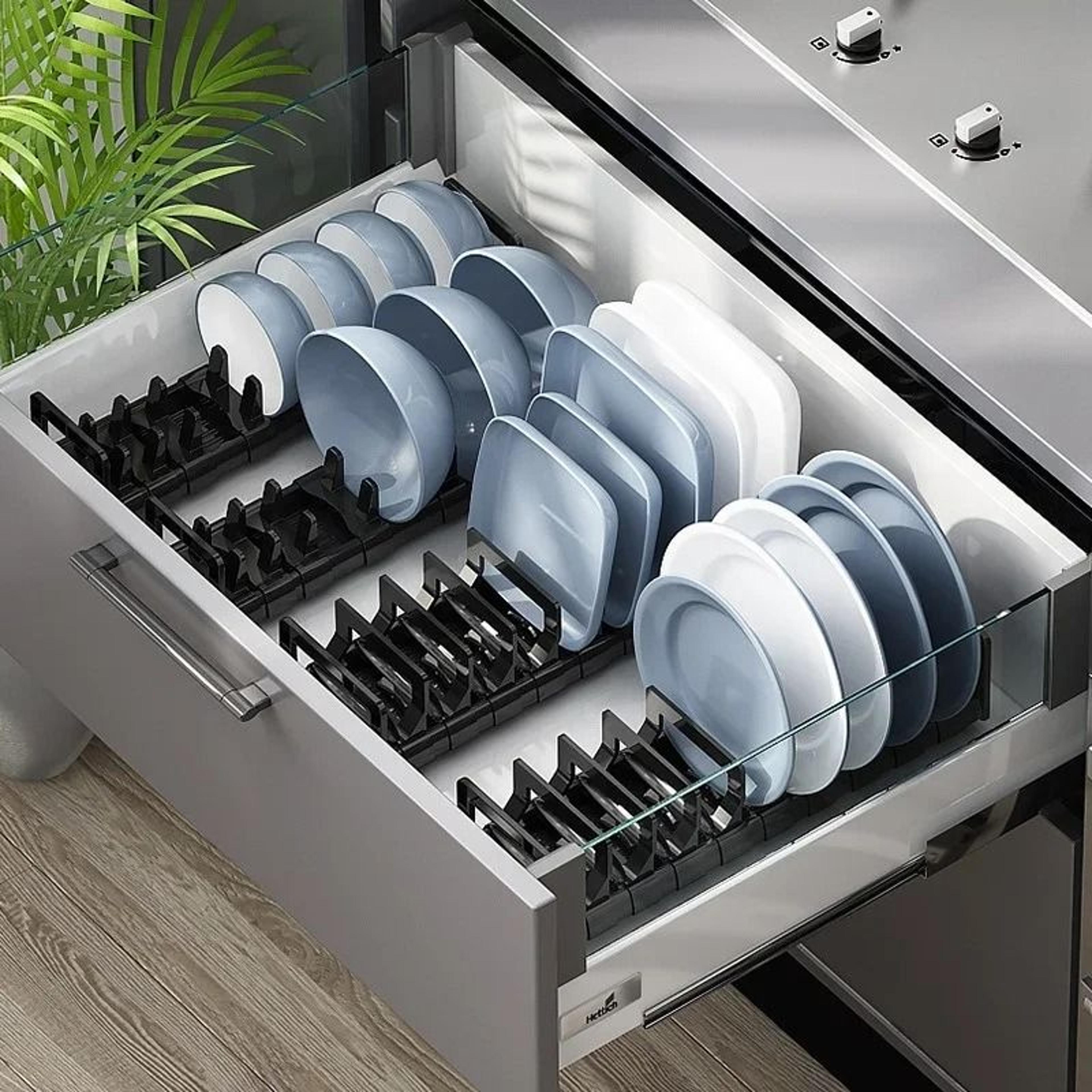 adjustable under cabinet bowl and plate organizer rack for kitchen drawer storage