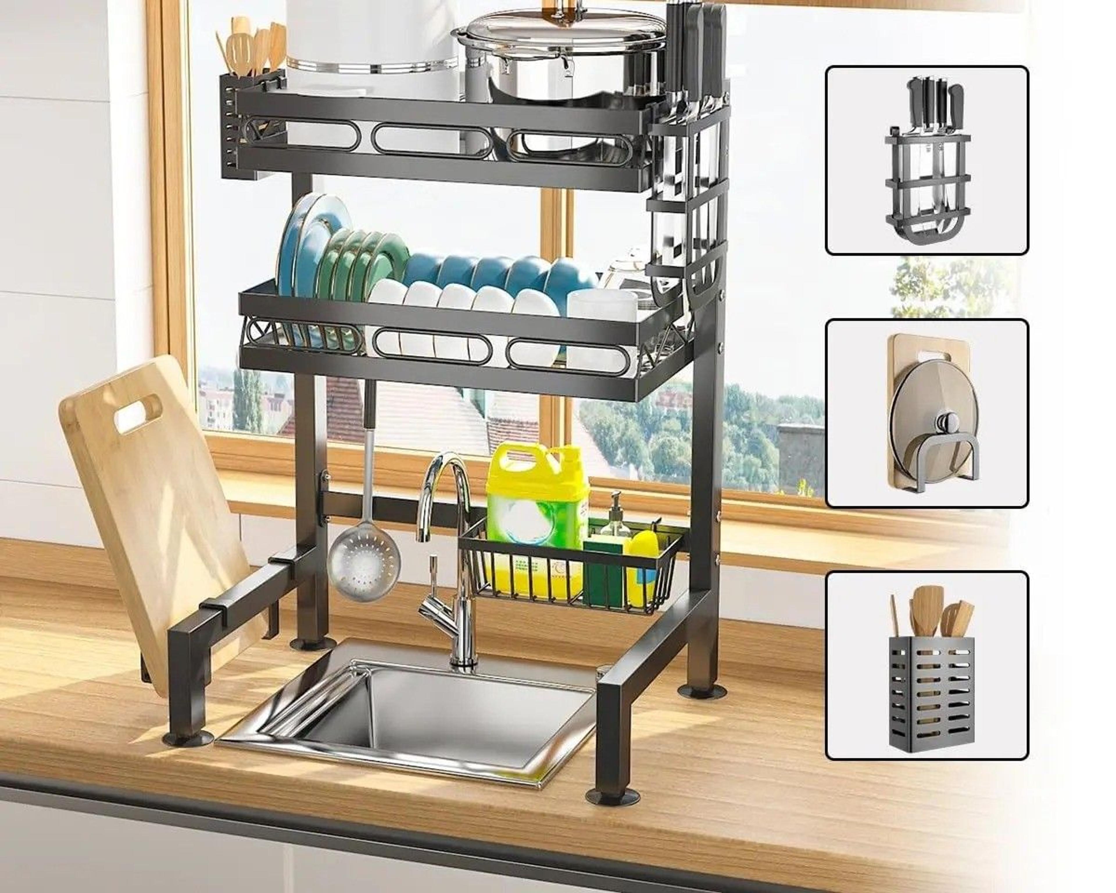 Over The Sink Dish Drying Rack With Utensil Holder And Cutting Board Stand 3