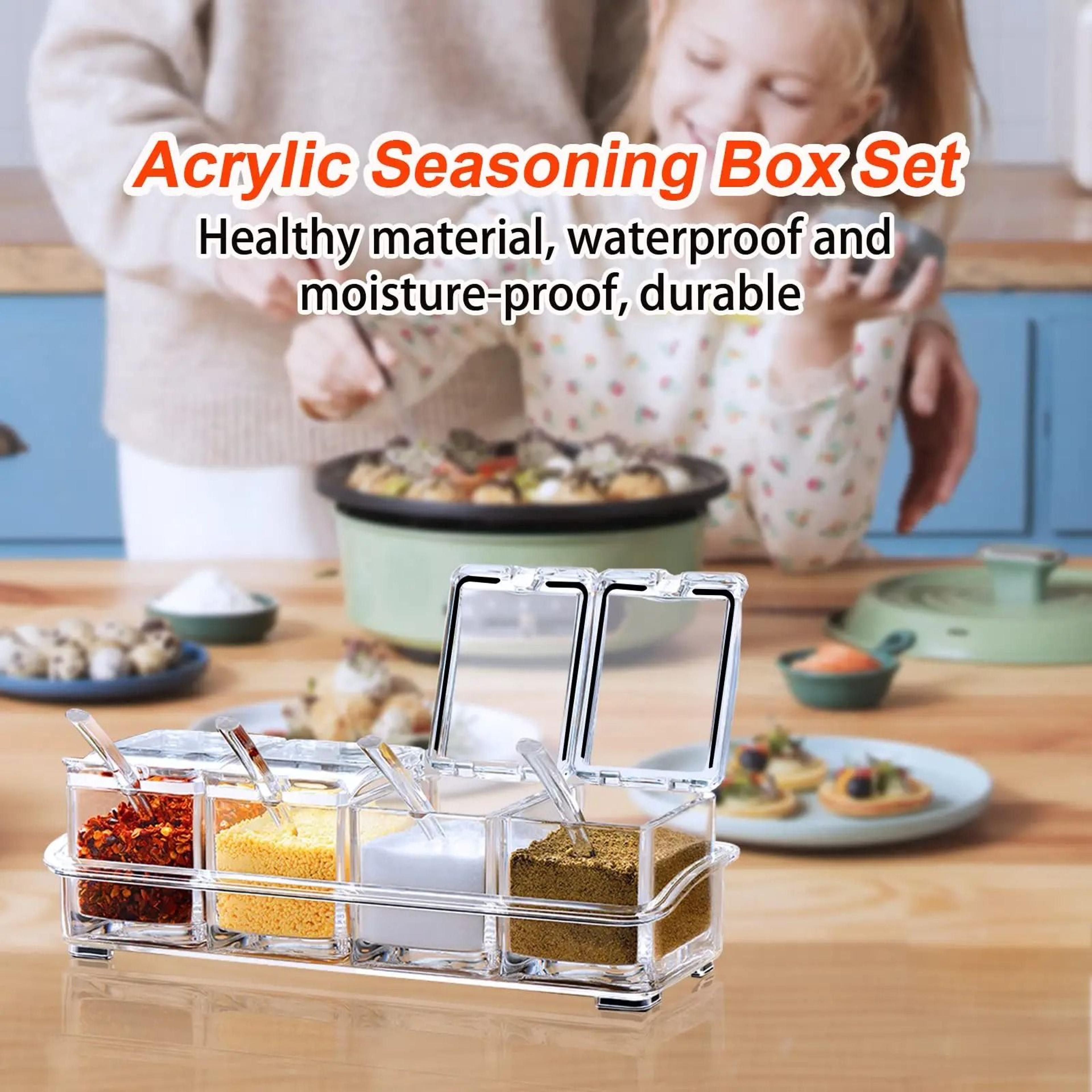 4 Compartment Clear Seasoning Storage Box Set With Spoons For Kitchen Organization 0