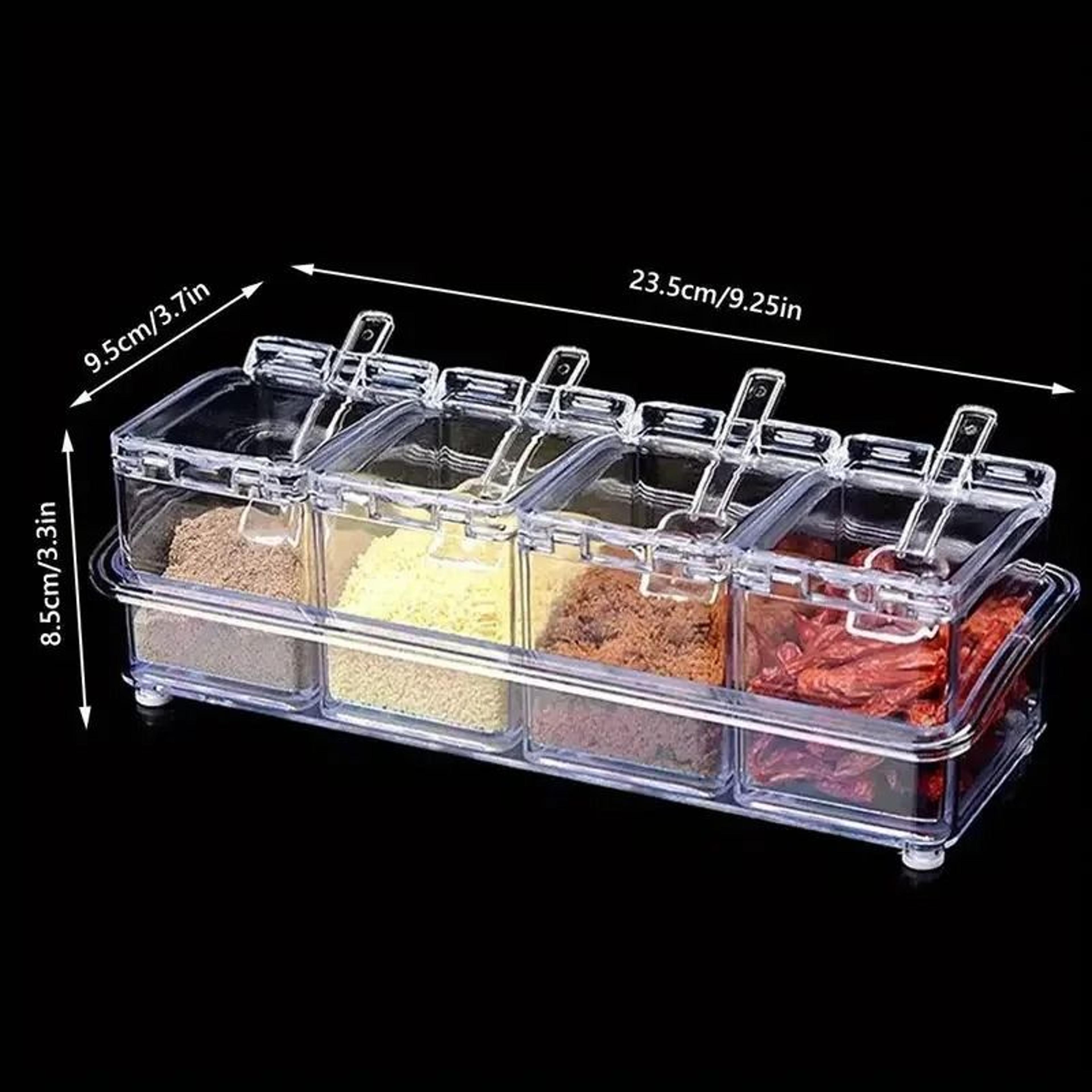 4 Compartment Clear Seasoning Storage Box Set With Spoons For Kitchen Organization 5