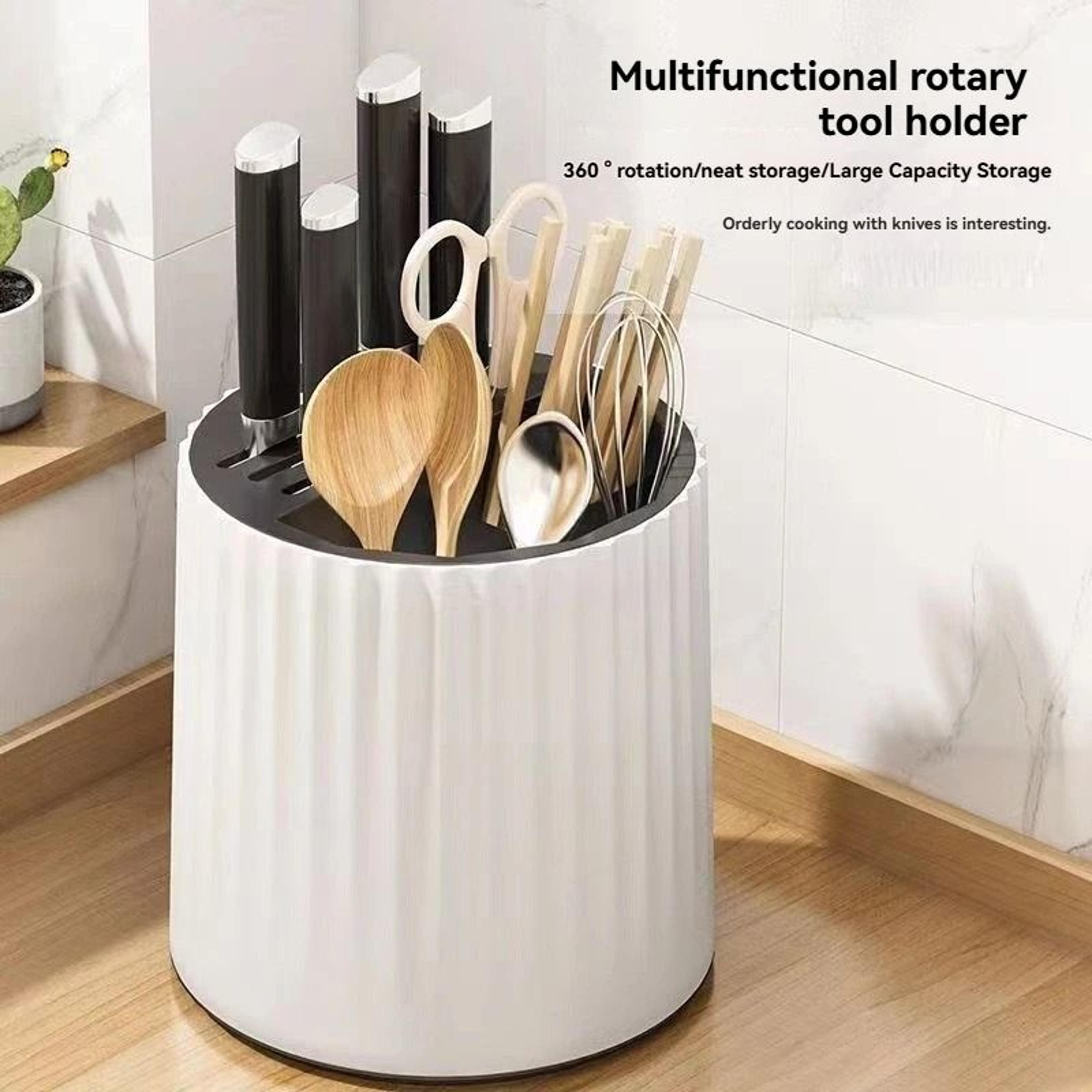 360 degree rotating knife holder and utensil organizer stand with removable storage compartments