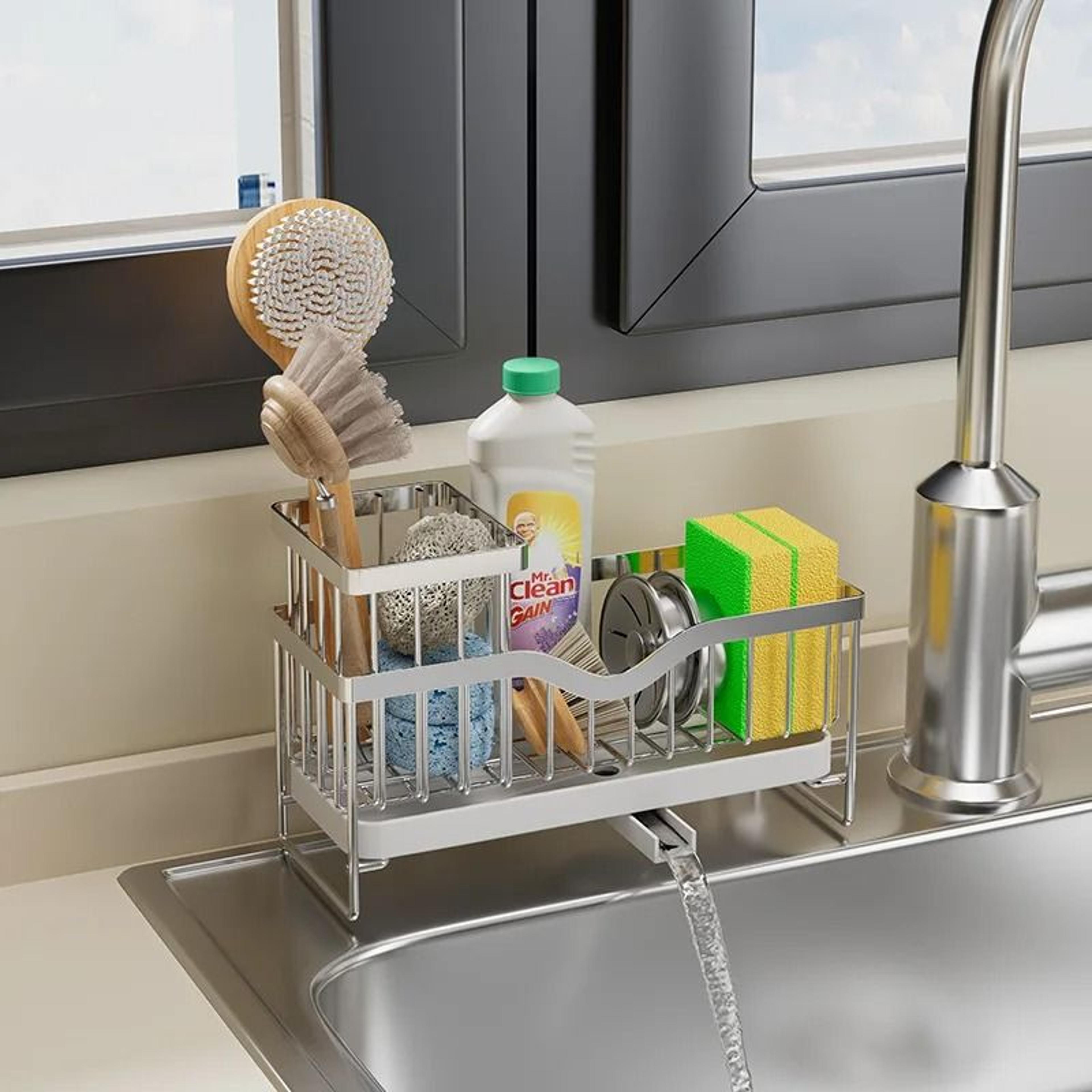 stainless steel sink organizer caddy with sponge holder soap drainer and removable utensil basket