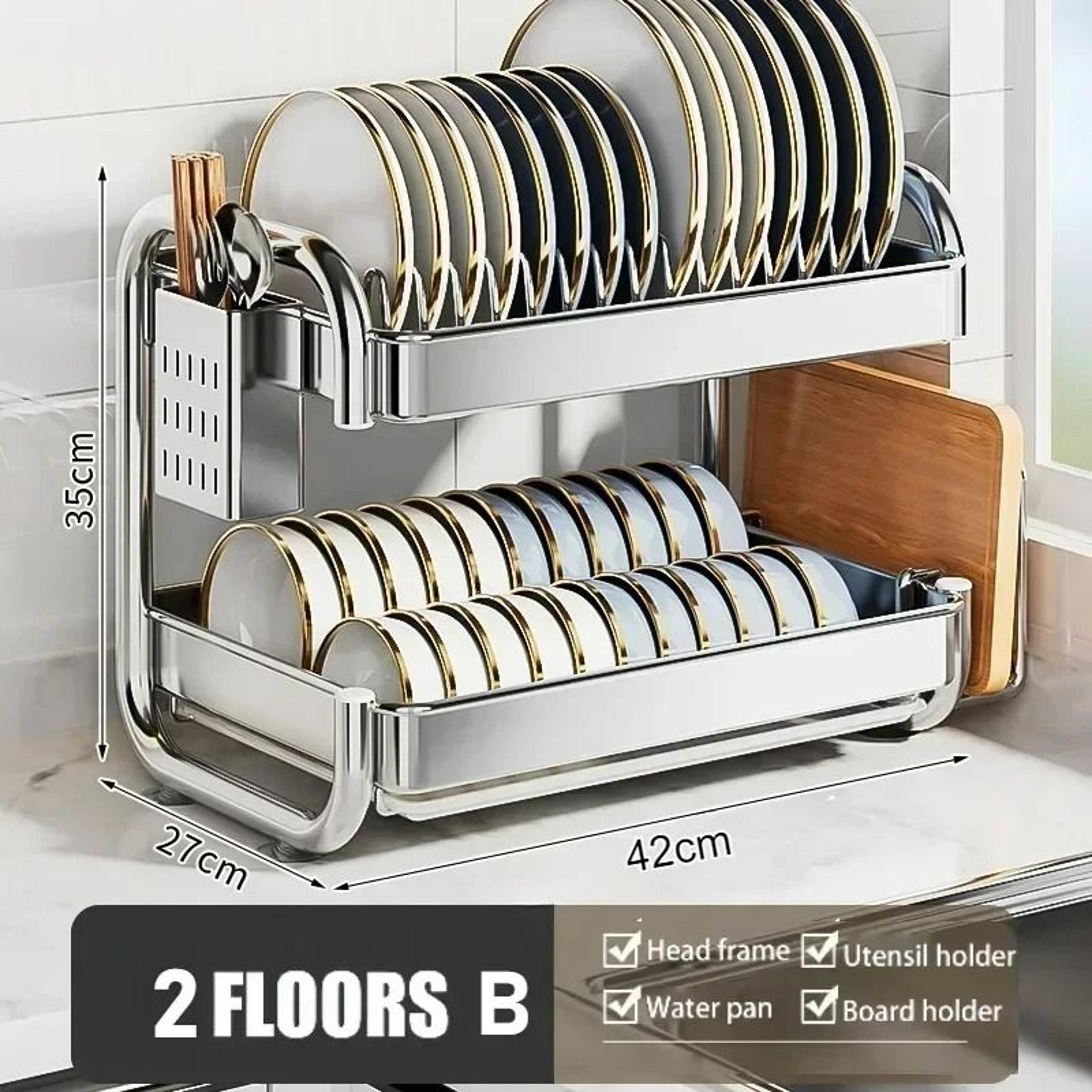 Stainless Steel Multi Tier Dish Drying Rack Large Capacity Kitchen Counter Organizer With Utensil H 1