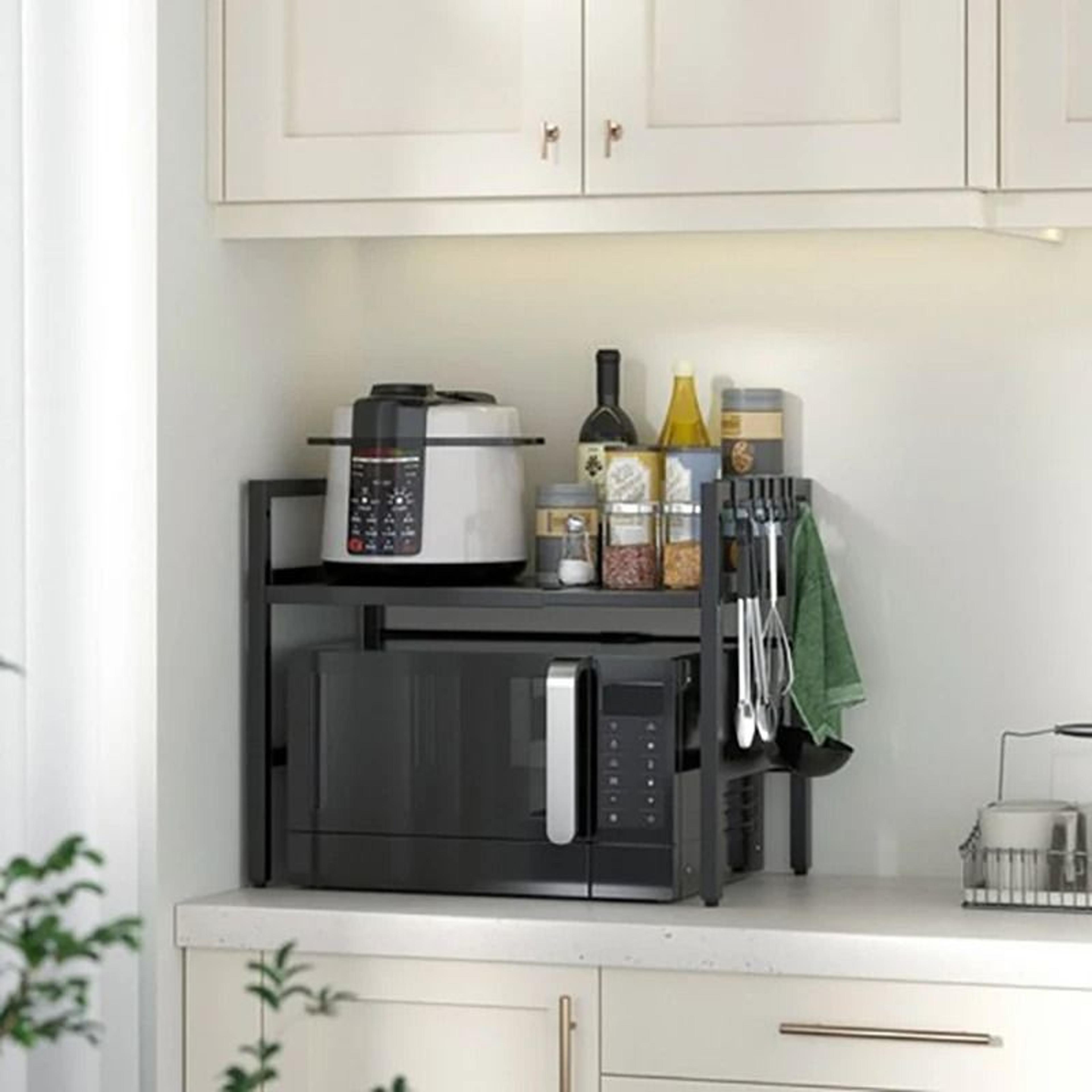 Expandable Microwave Oven Stand Kitchen Counter Storage Rack With Hooks 5