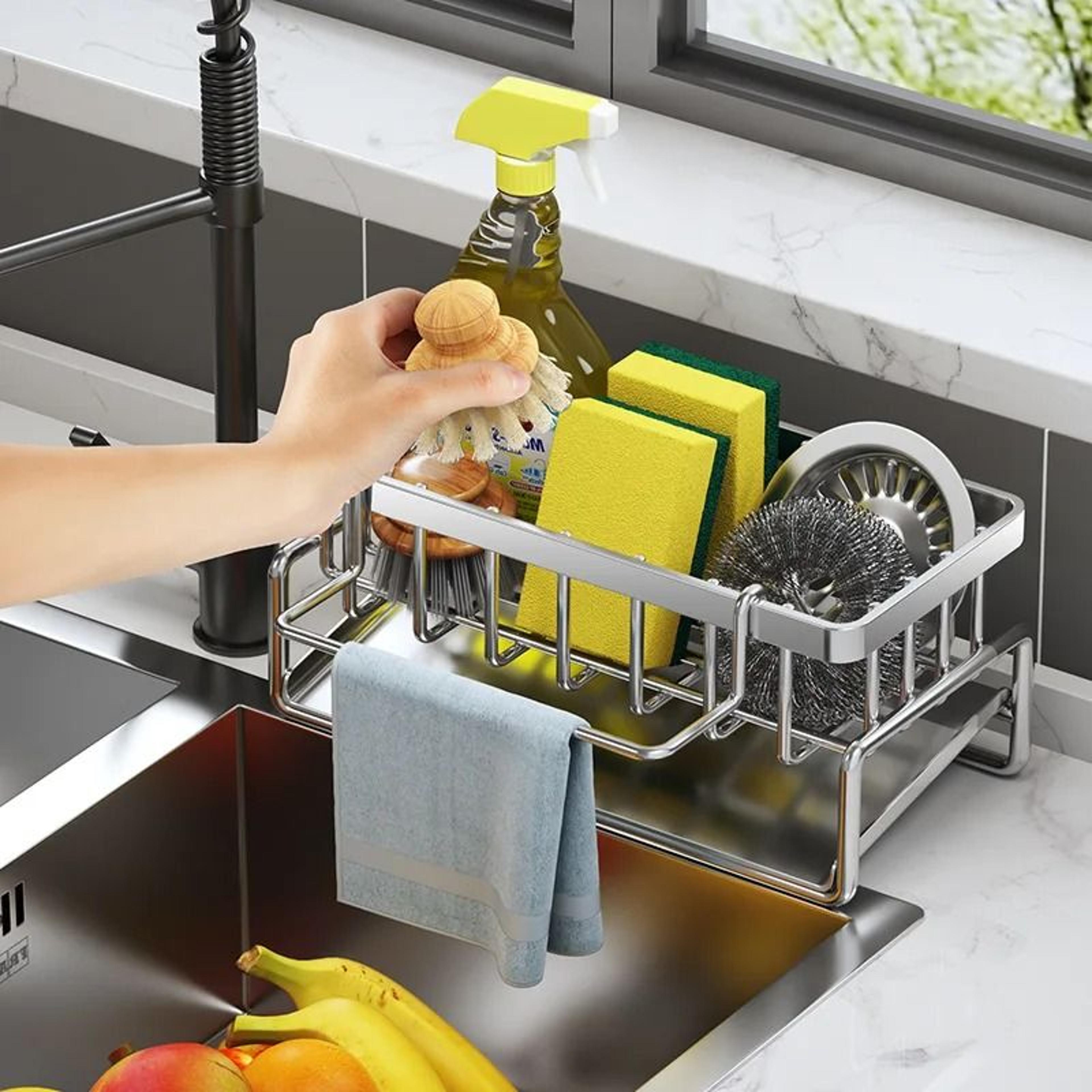 stainless steel faucet sponge holder sink organizer with towel bar