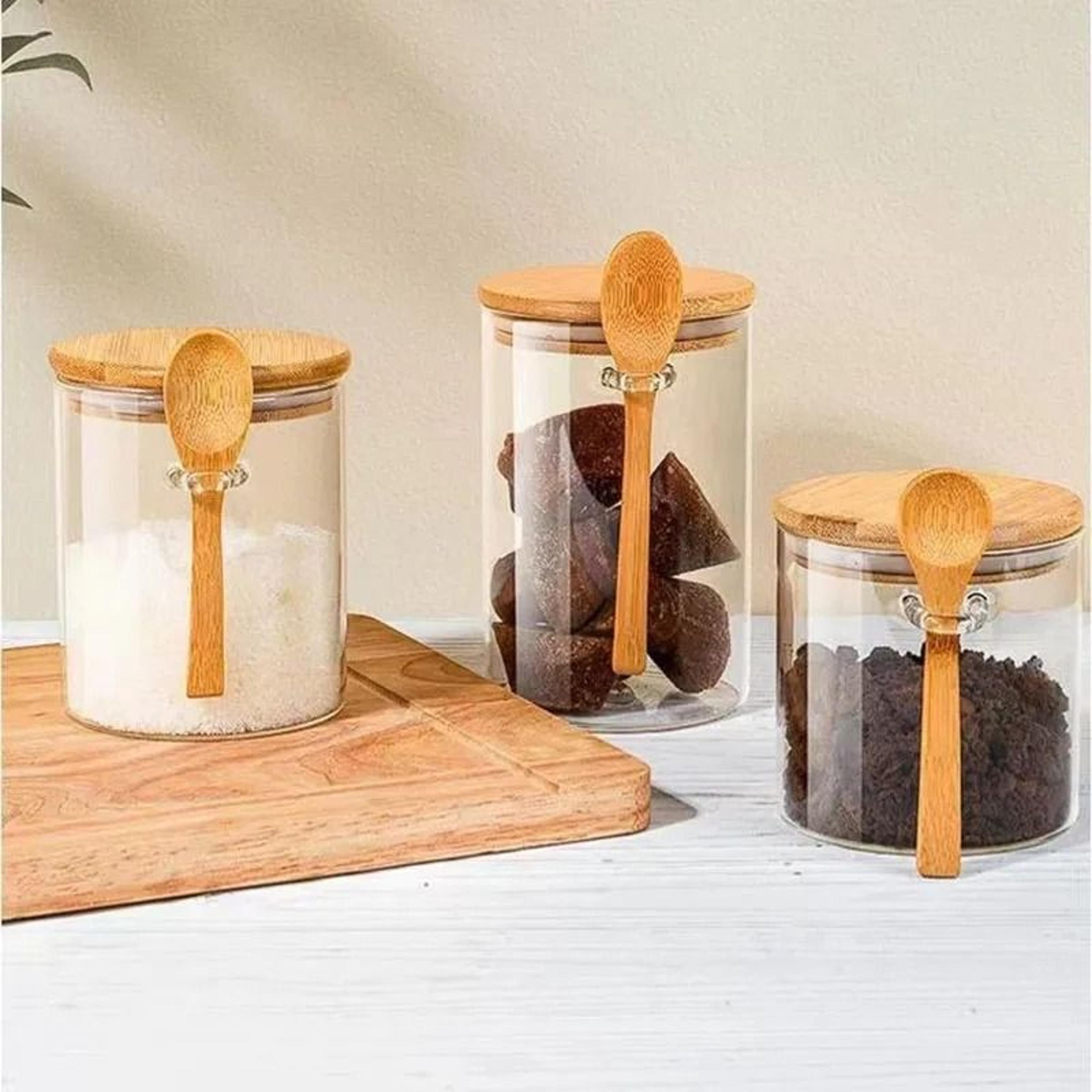 glass airtight coffee and tea storage canister with hanging spoon lid