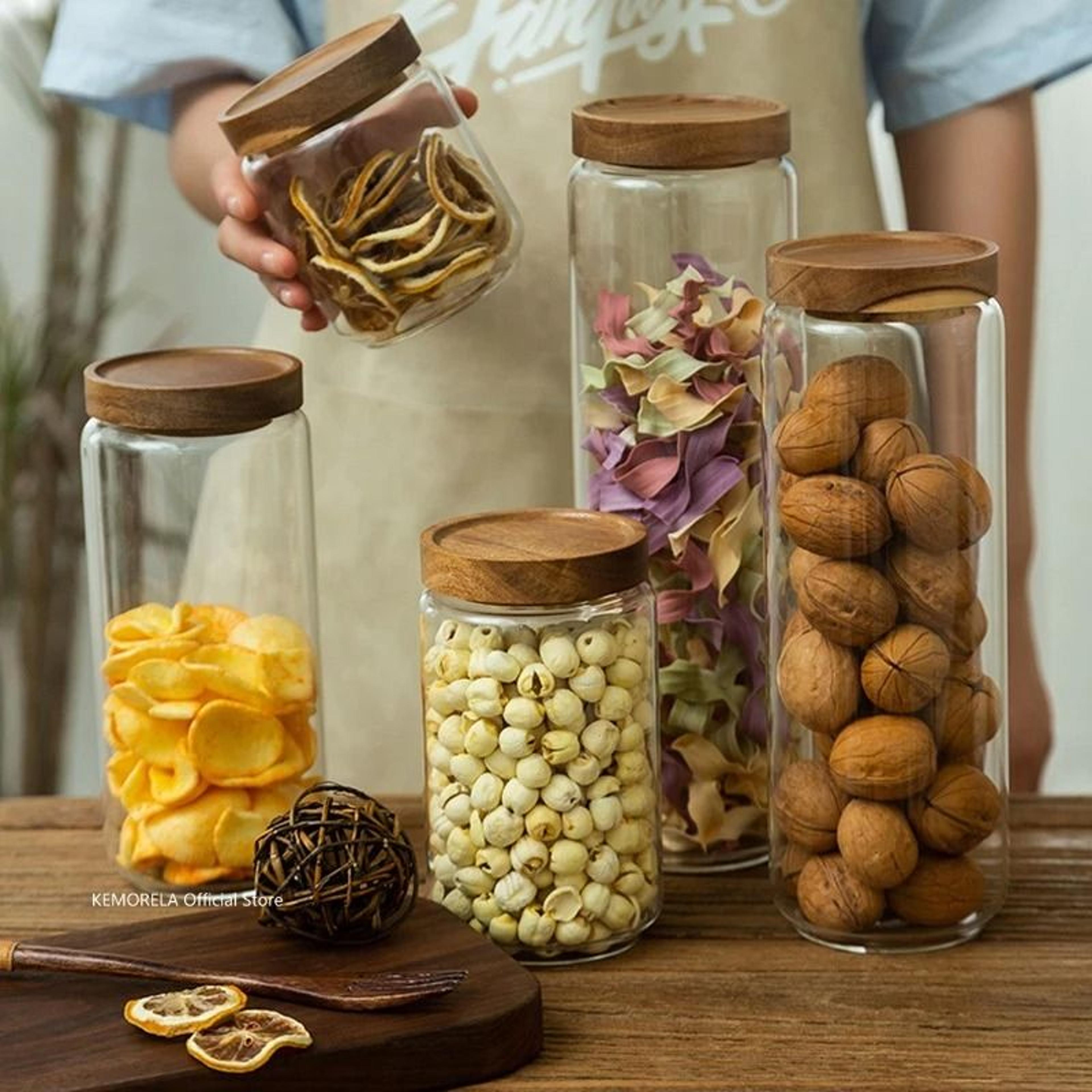 glass food storage jar with wooden lid airtight pantry canister