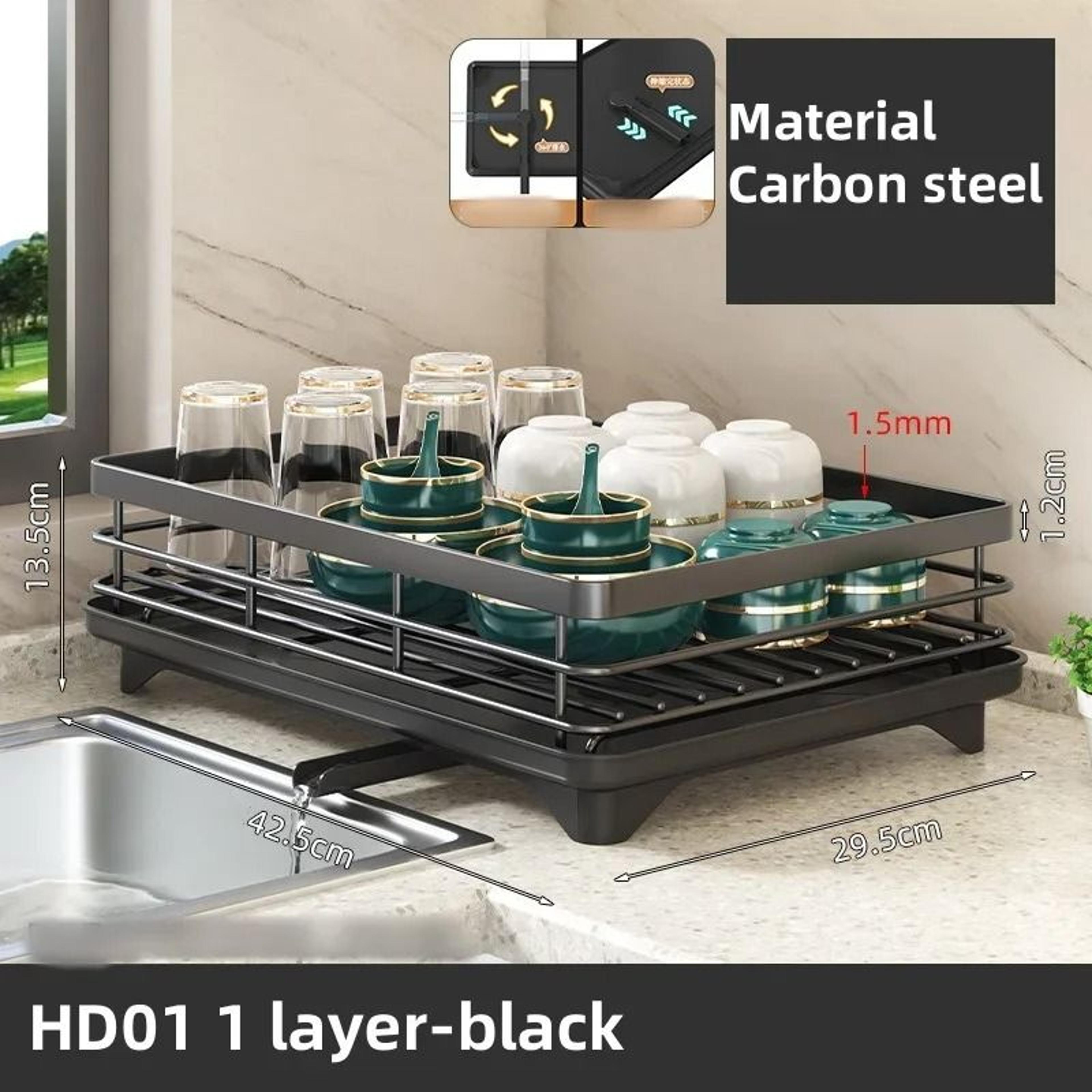 Carbon Steel Dish Drying Rack With Drain Tray Kitchen Counter Organizer 7