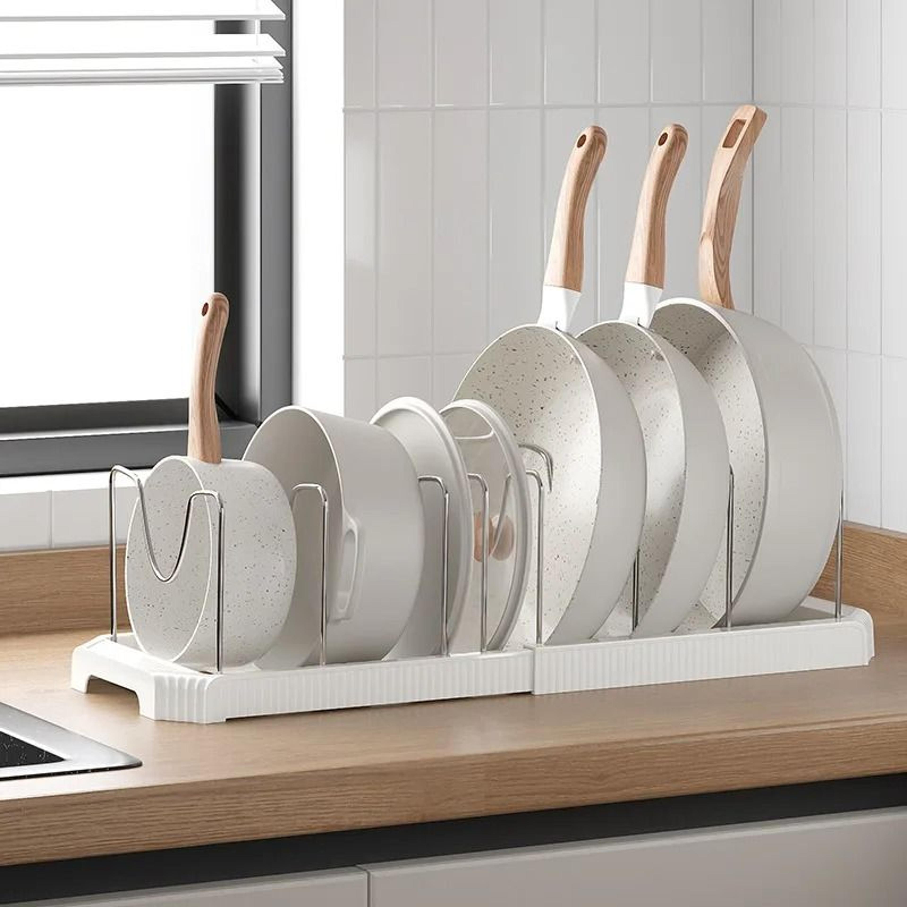 Expandable Kitchen Dish Rack Adjustable Pot Lid And Cookware Storage Organizer 2