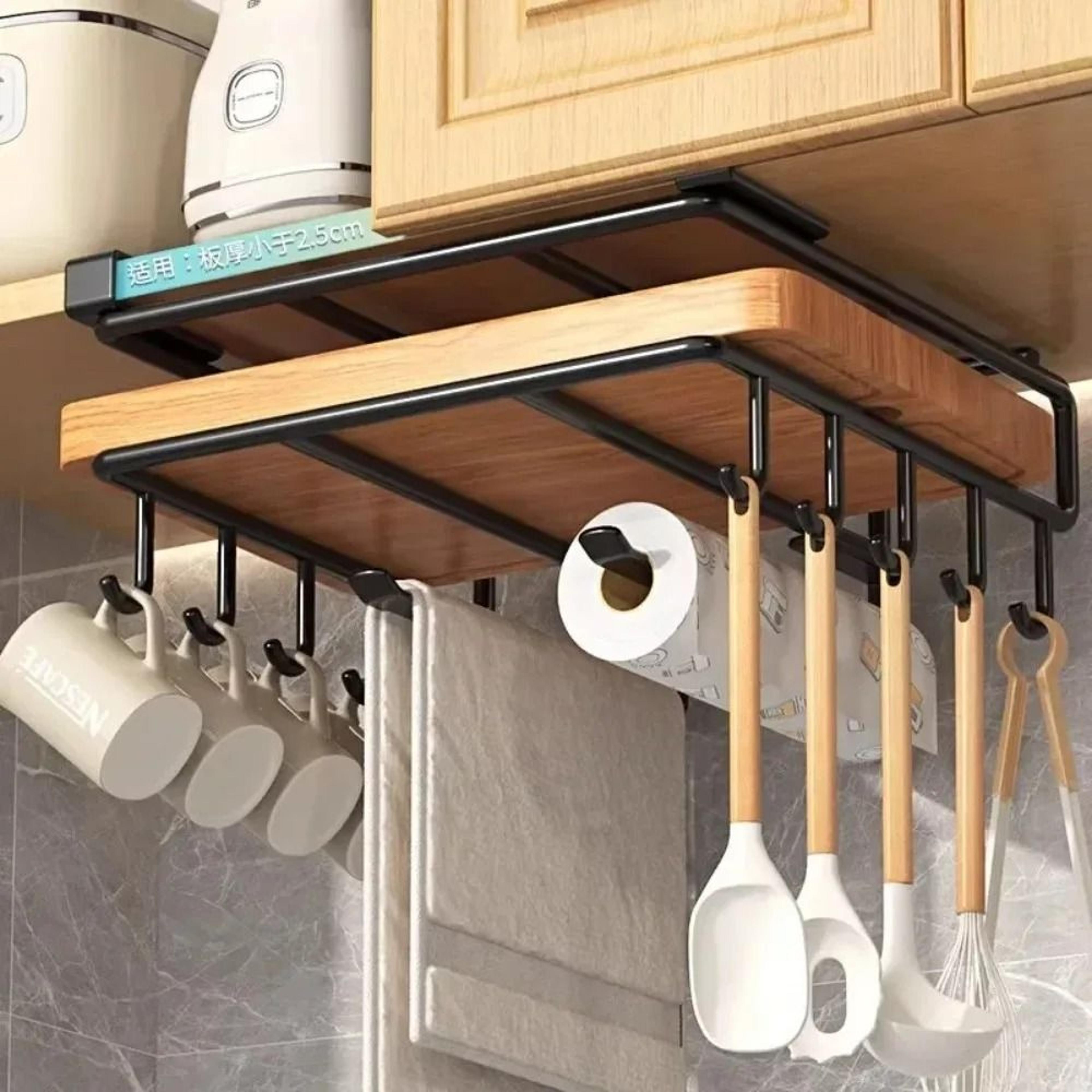 Under Cabinet Kitchen Organizer Rack With Hooks Cutting Board Pot Lid And Paper Towel Holder 1