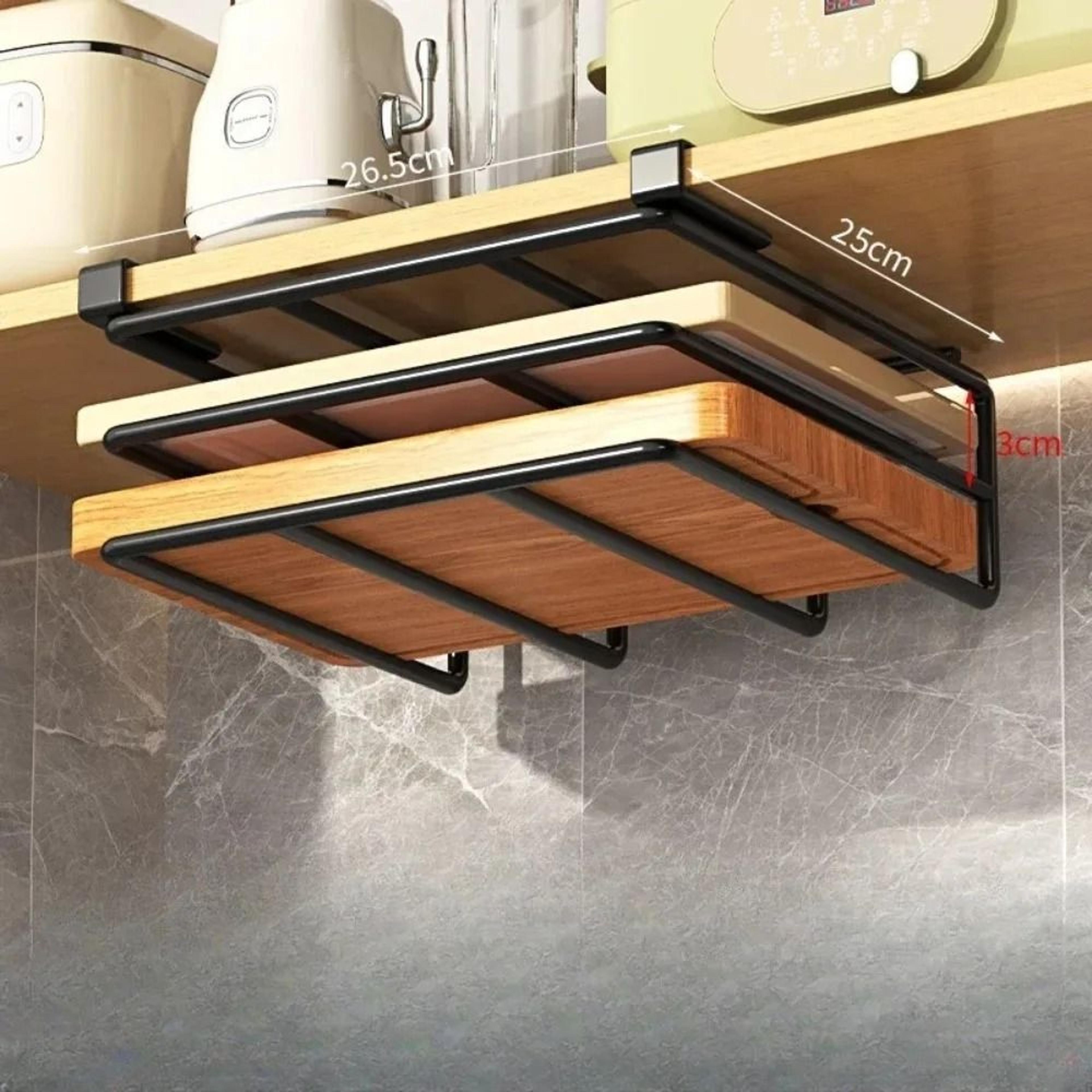 Under Cabinet Kitchen Organizer Rack With Hooks Cutting Board Pot Lid And Paper Towel Holder 5