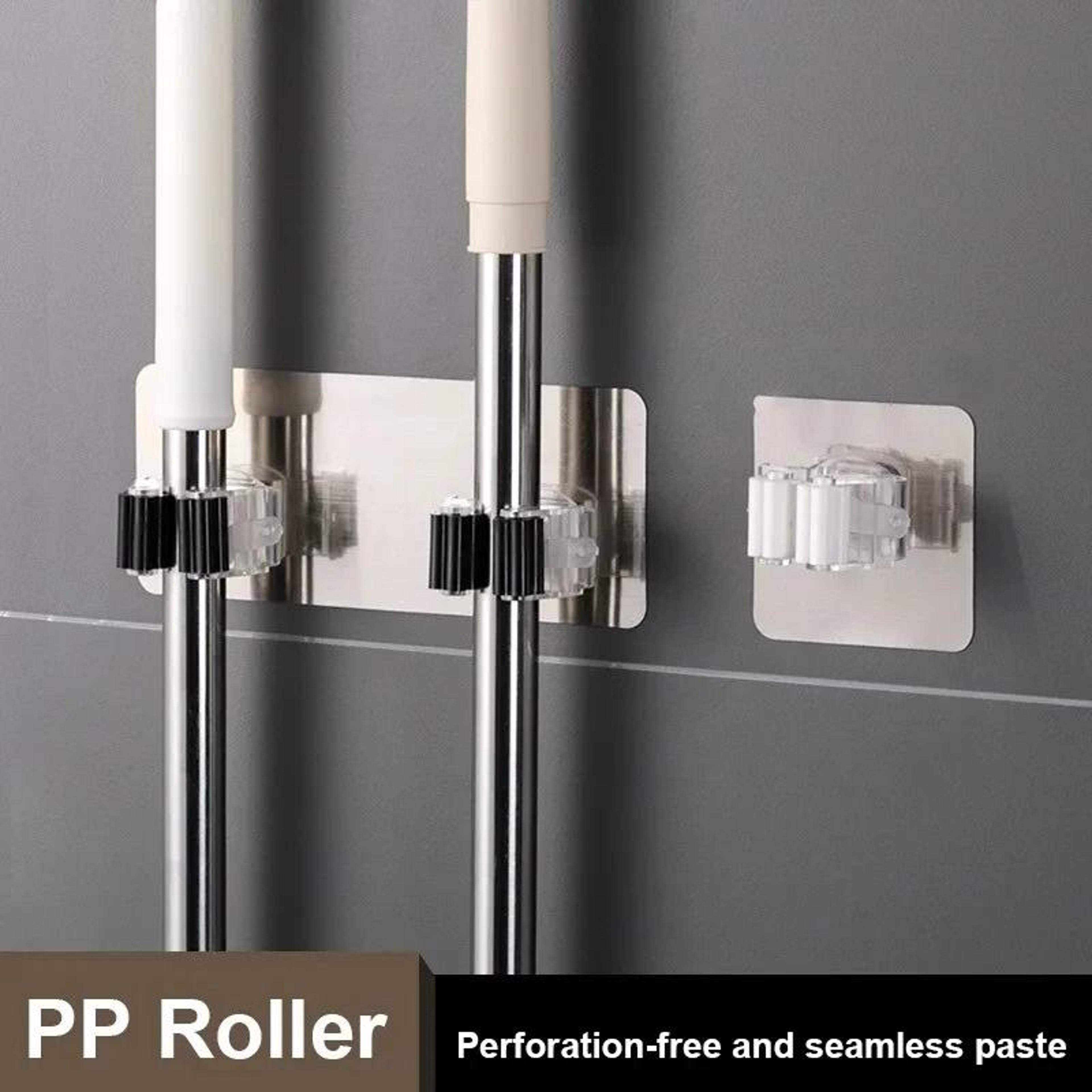 adhesive mop and broom holder wall mounted multi-purpose organizer rack with strong hooks