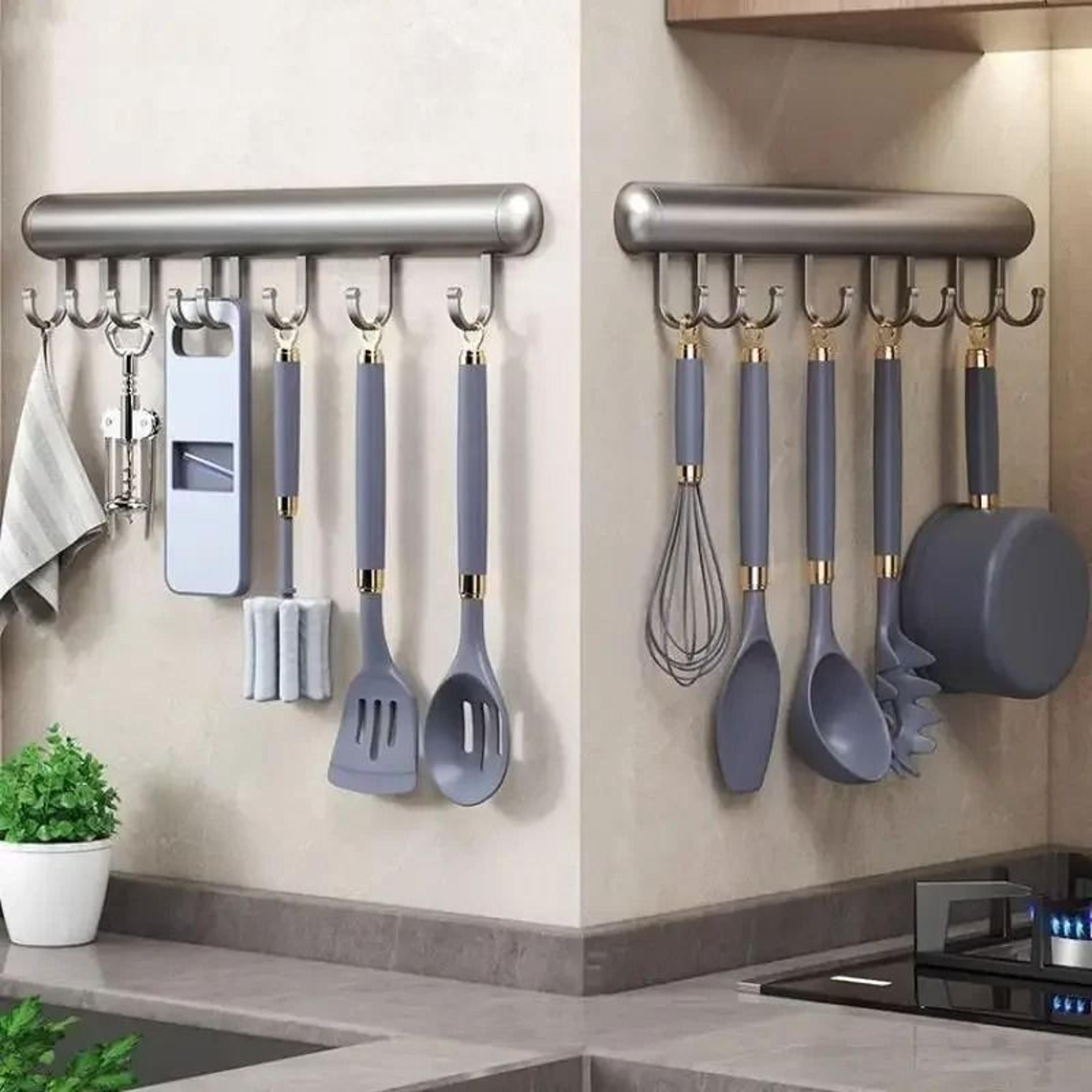 Wall Mounted Kitchen Utensil Rack With Movable Hooks For Pots Spoons  Cooking Tools 1