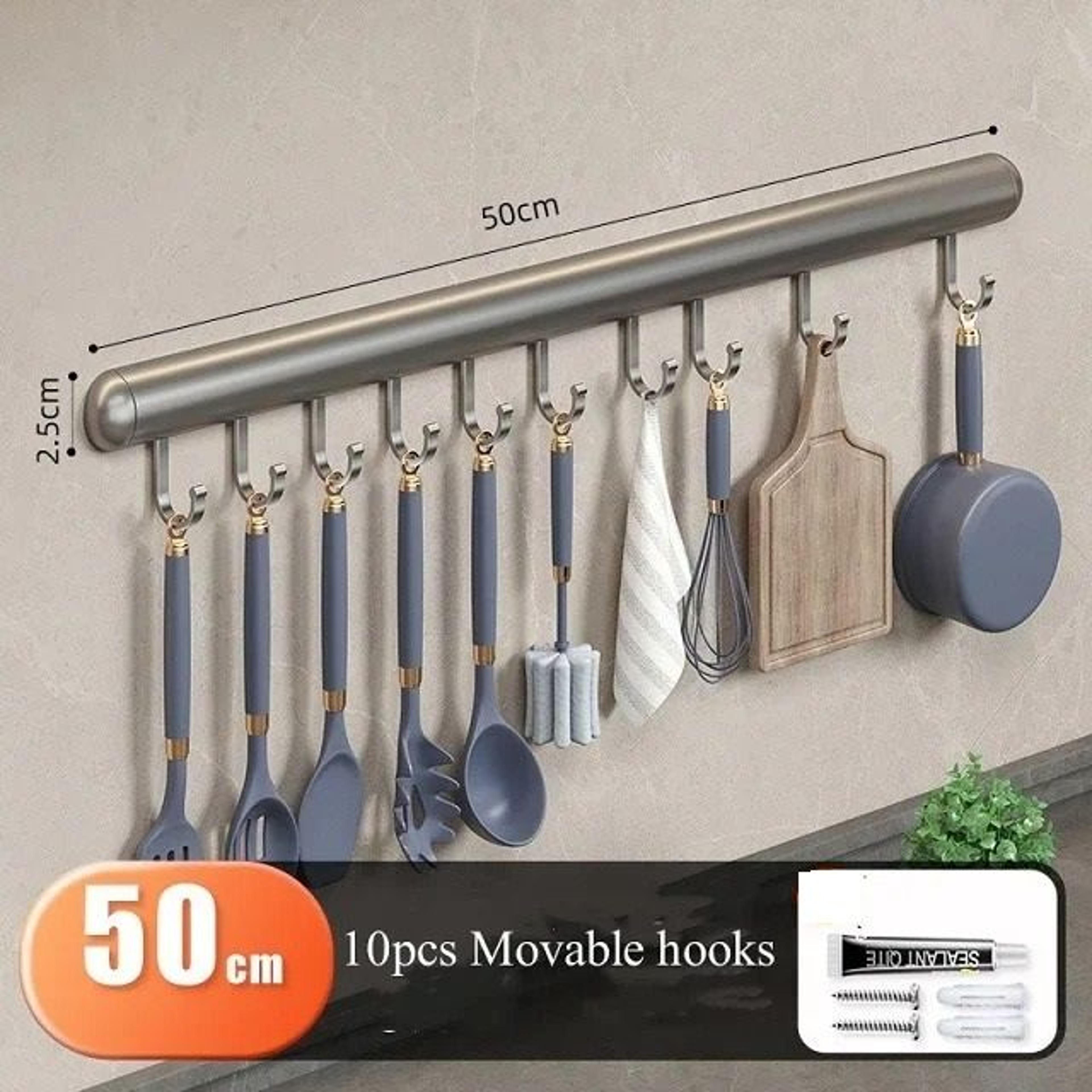Wall Mounted Kitchen Utensil Rack With Movable Hooks For Pots Spoons  Cooking Tools 8