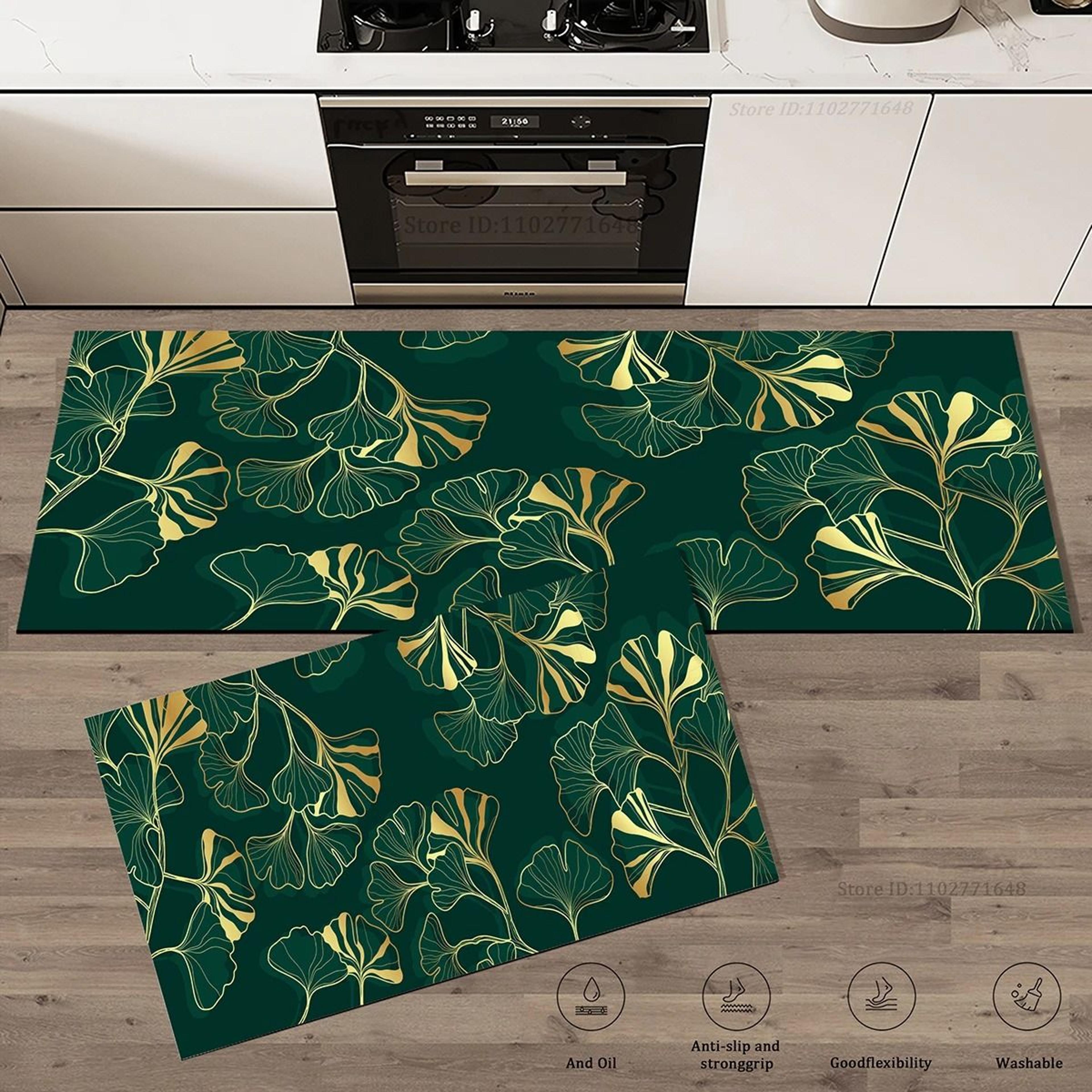 Green Leaf Absorbent Kitchen Floor Mat NonSlip Washable Rug For Kitchen Bathroom  Entryway 1