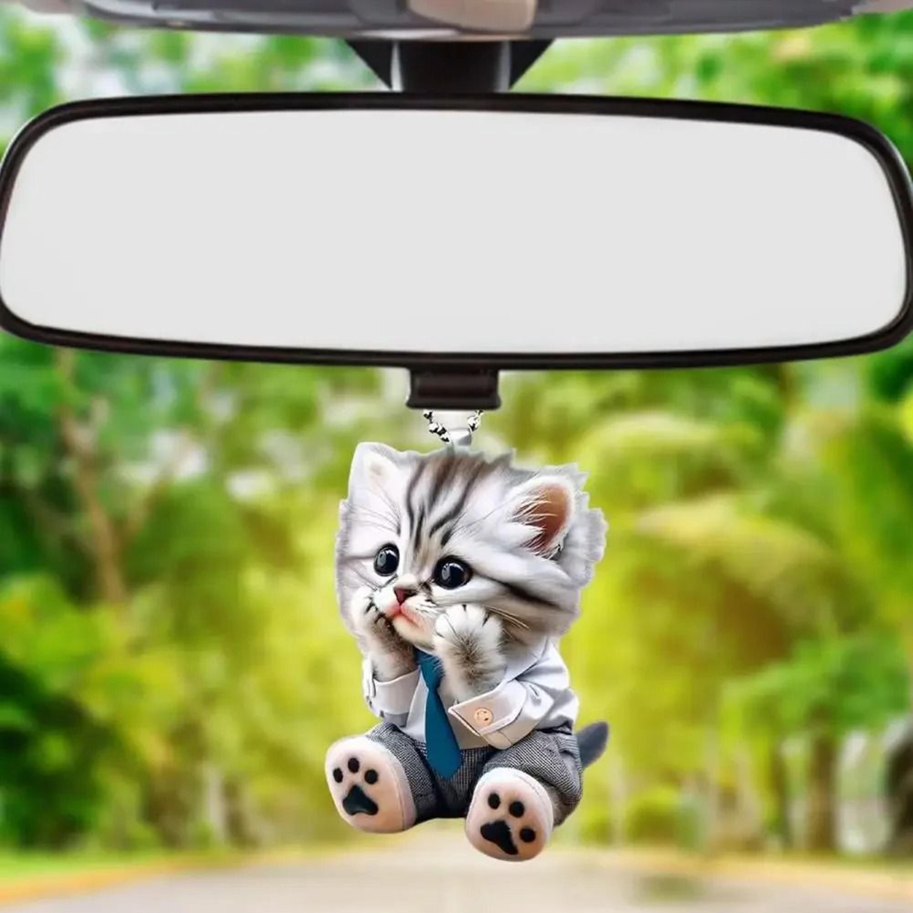 Realistic Cat Rearview Mirror Hanging Ornament With Decorative Chain 5