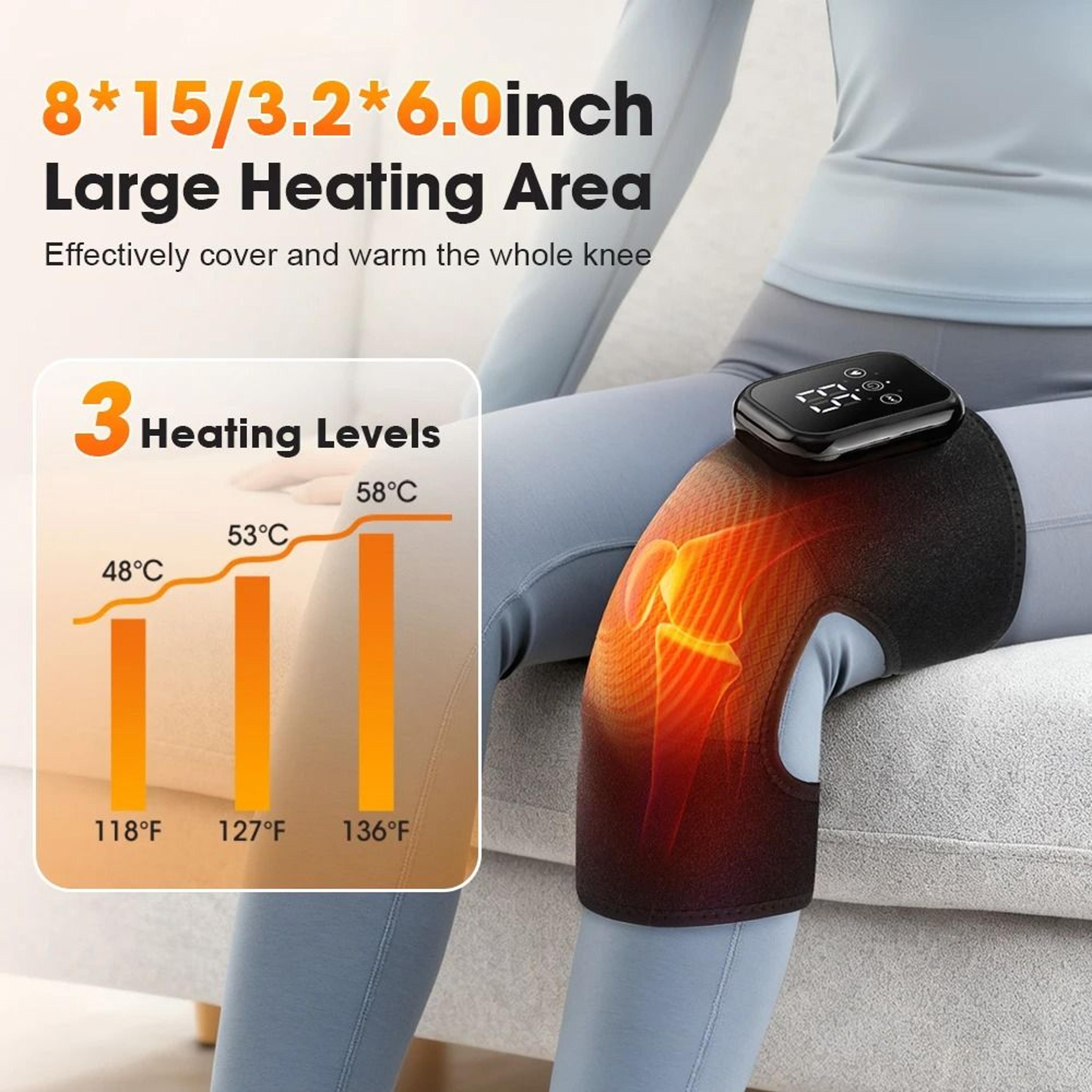 electric cordless knee massager with large heating area, 3 heat levels, and vibration support