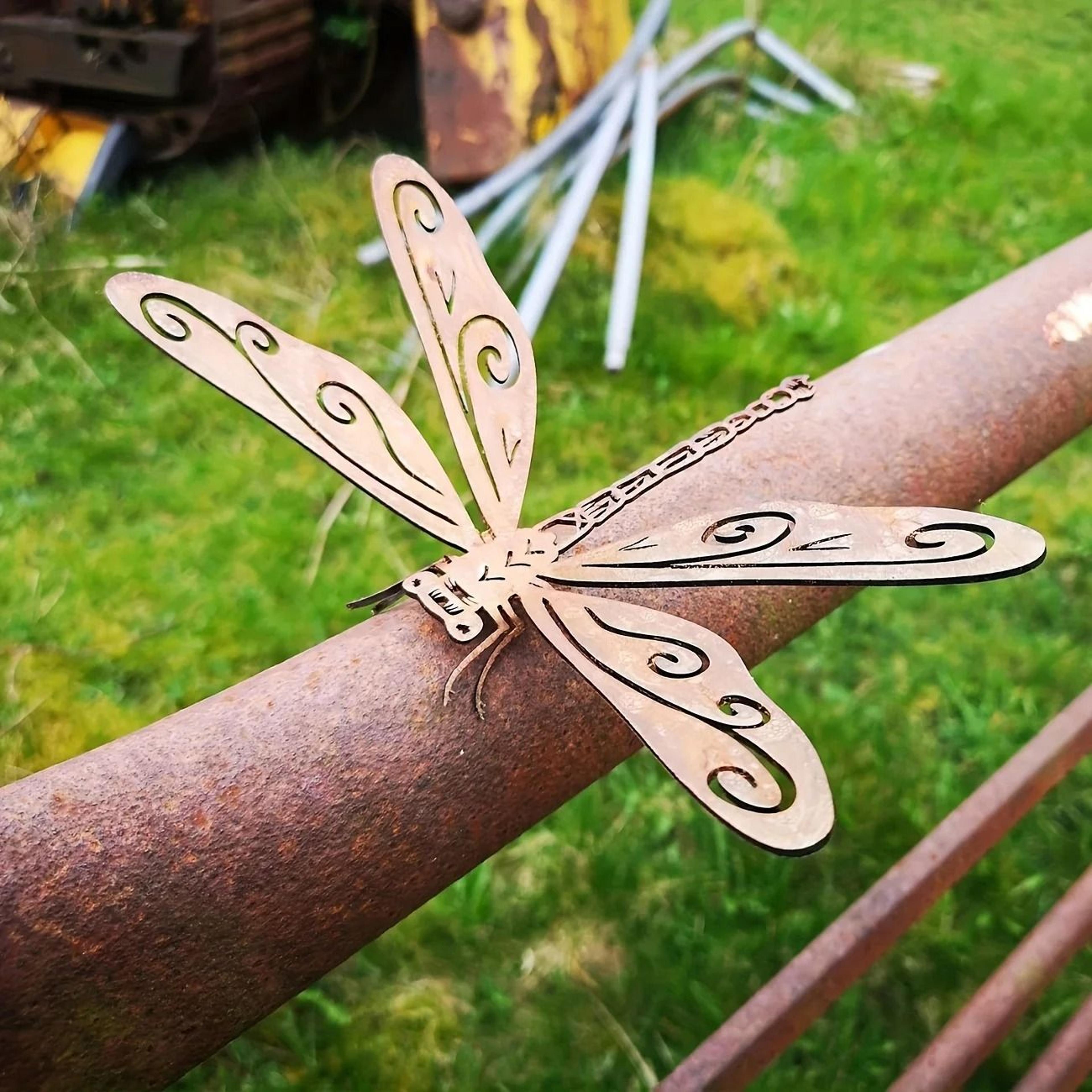 Rustic Metal Rust Dragonfly Garden Statue  Wrought Iron Yard Art  Fence Accent 0
