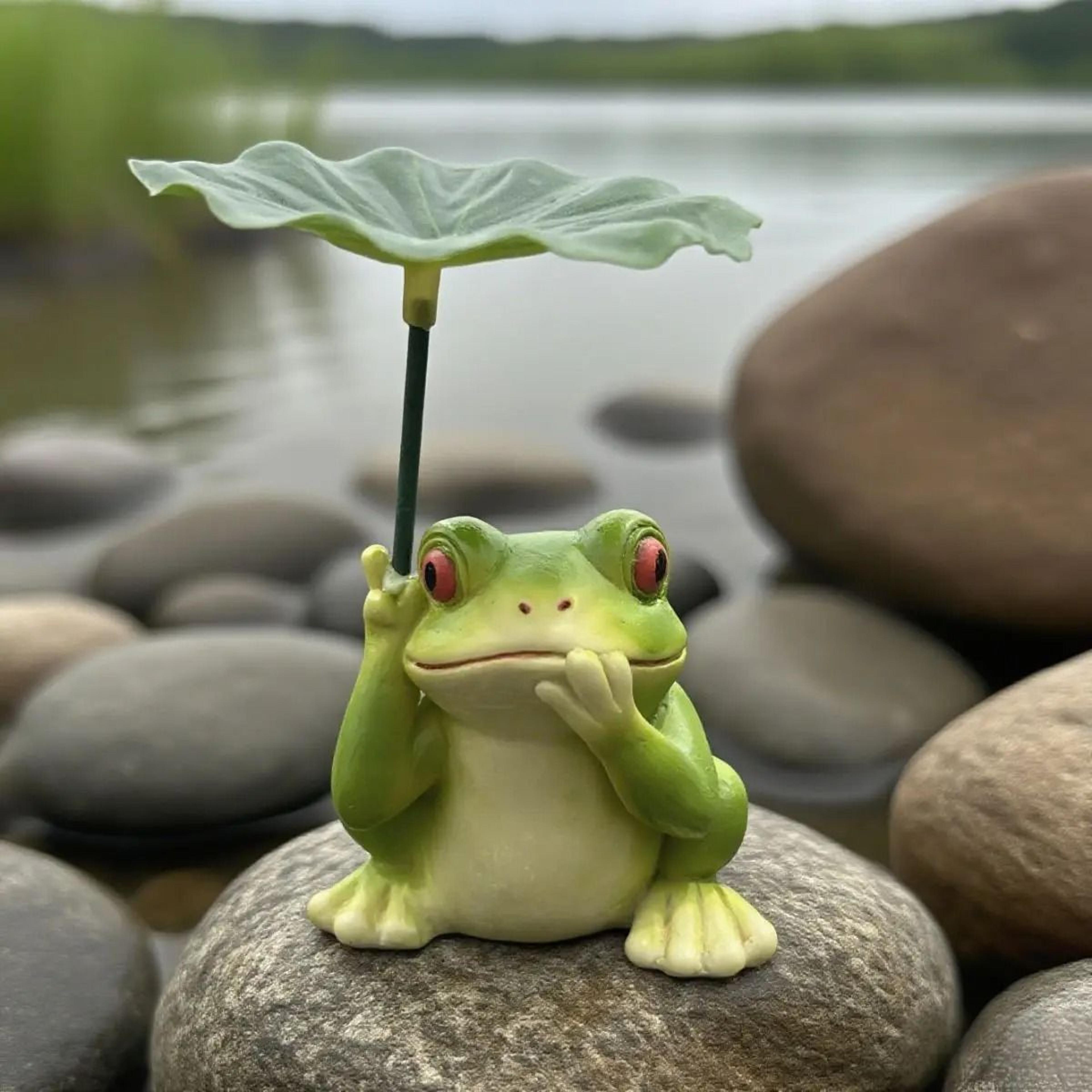 Garden Frog Statue With Lotus Leaf Umbrella  Whimsical Outdoor Resin Figurine For Patio  Yard Decor 1