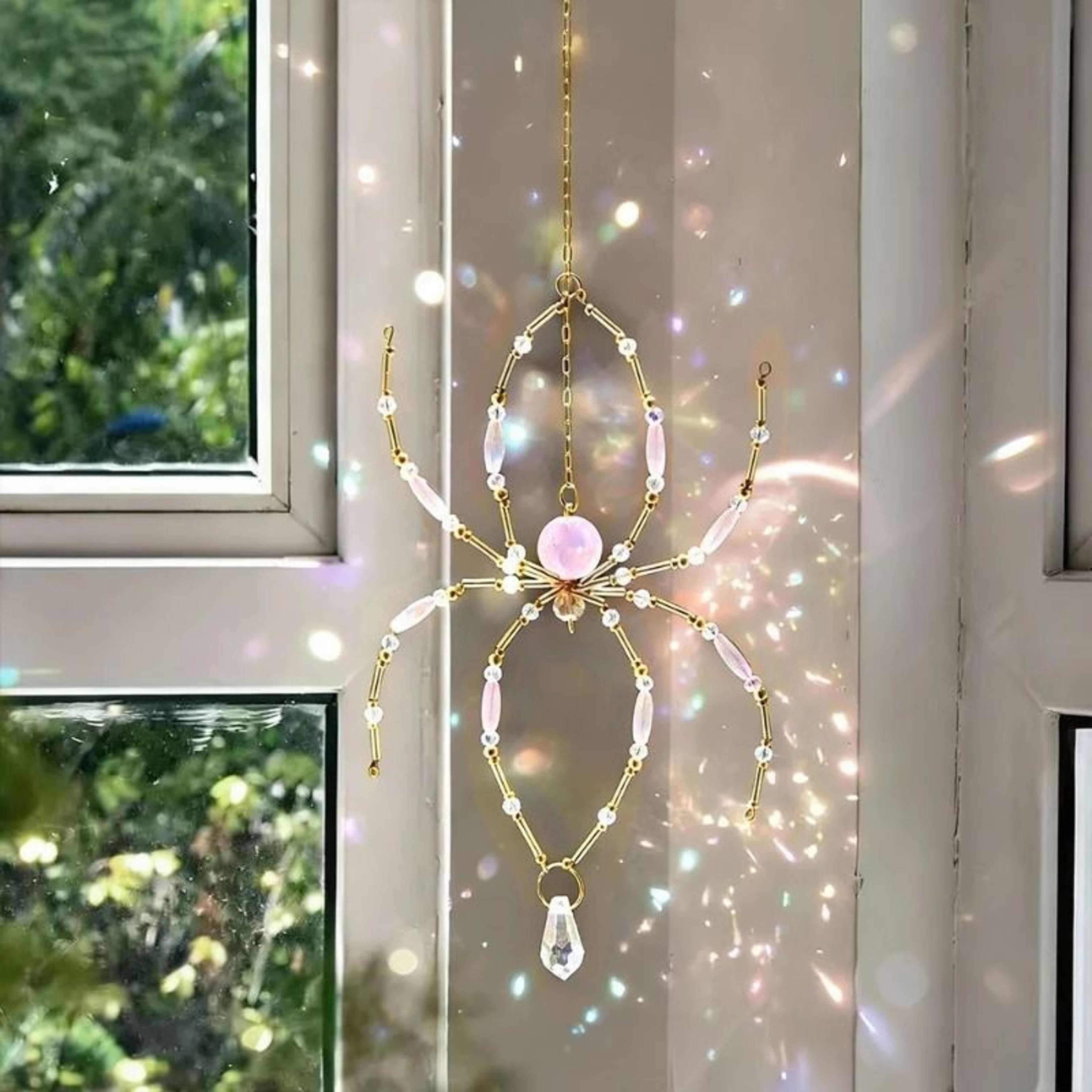 hand woven spider crystal suncatcher wind chime – rainbow maker hanging decor for window, garden, and yard
