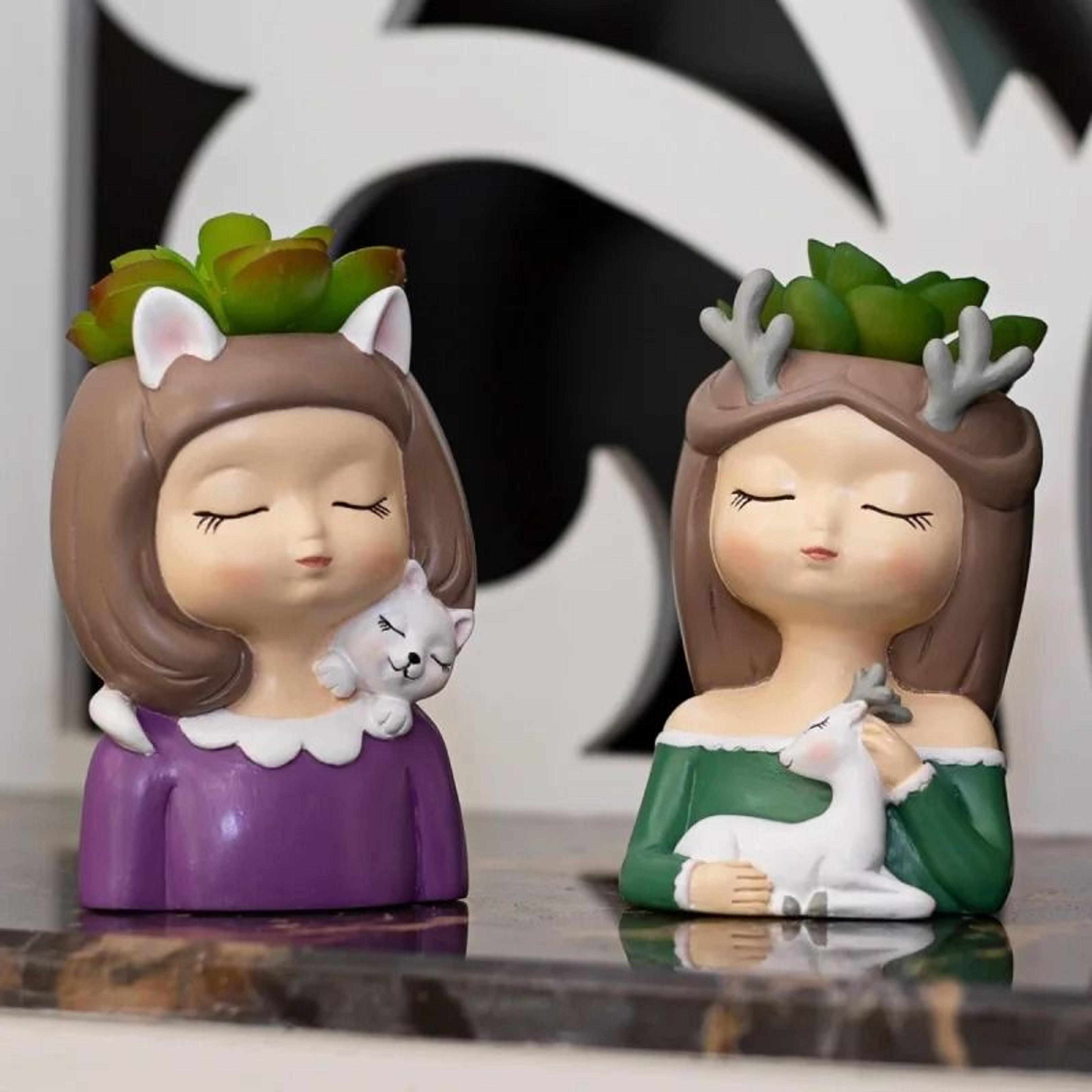 cute small girl portrait succulent planter – resin bonsai flowerpot tabletop ornament