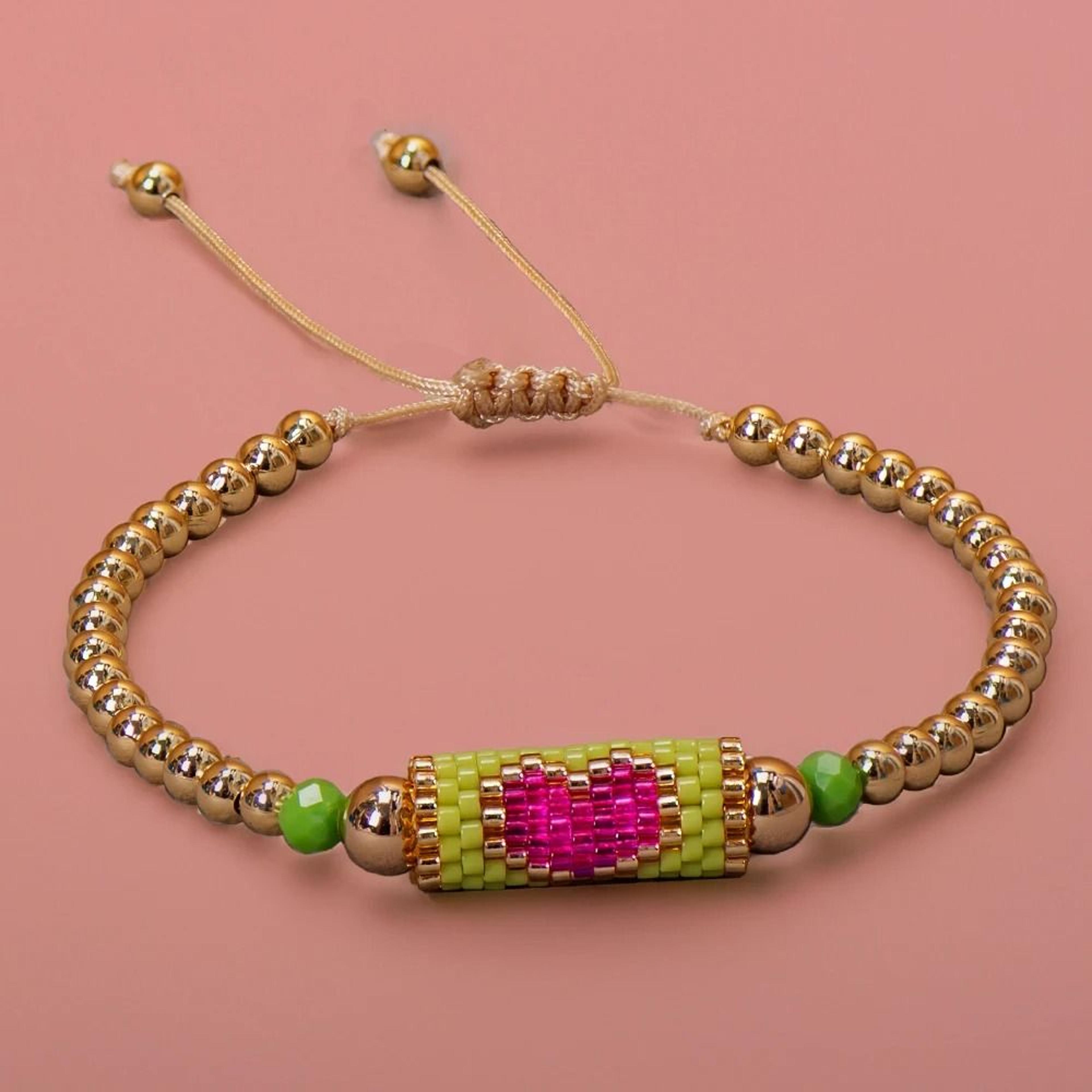 Handmade Woven Heart Beaded Adjustable Gold Accent Boho Summer Wristband 11