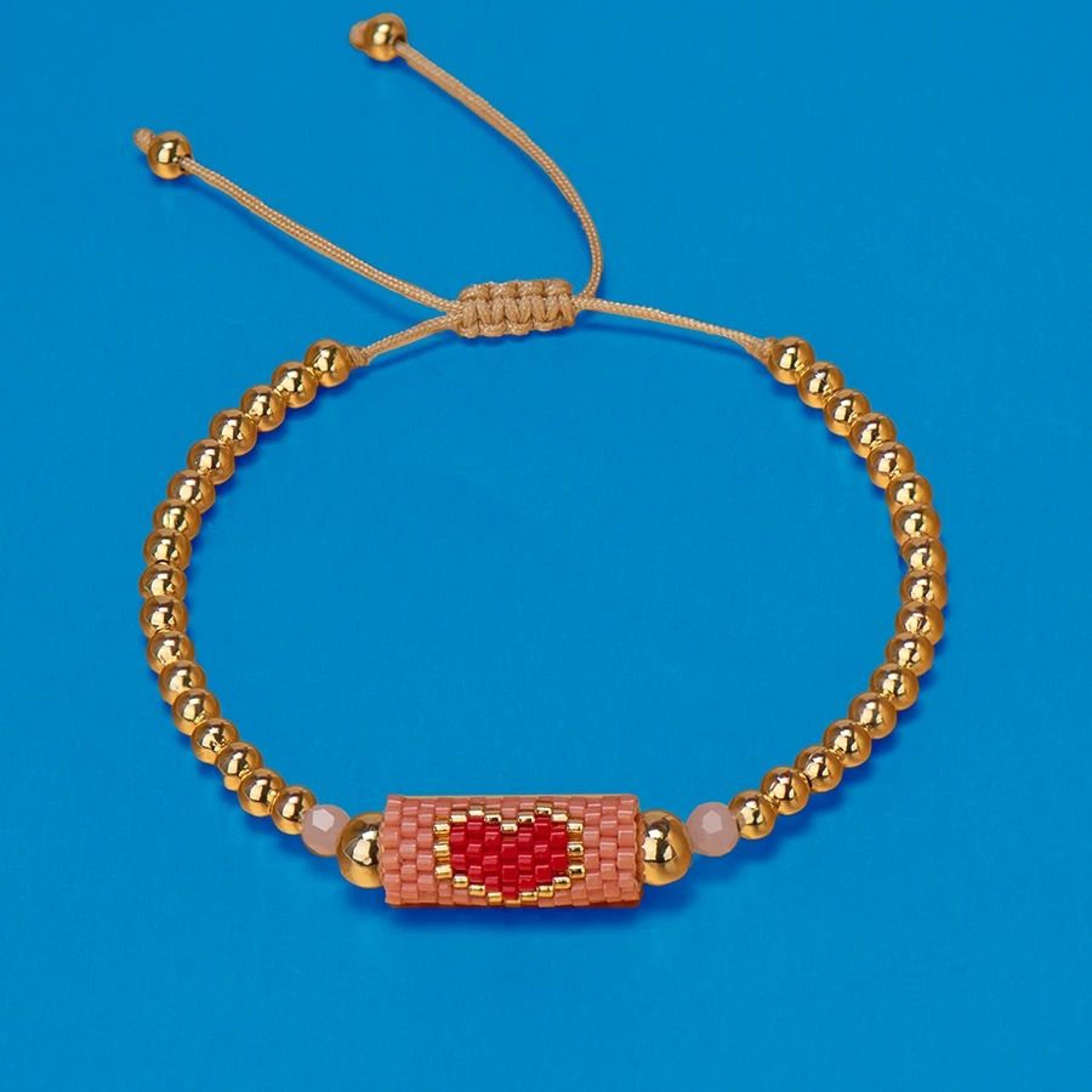 Handmade Woven Heart Beaded Adjustable Gold Accent Boho Summer Wristband 15