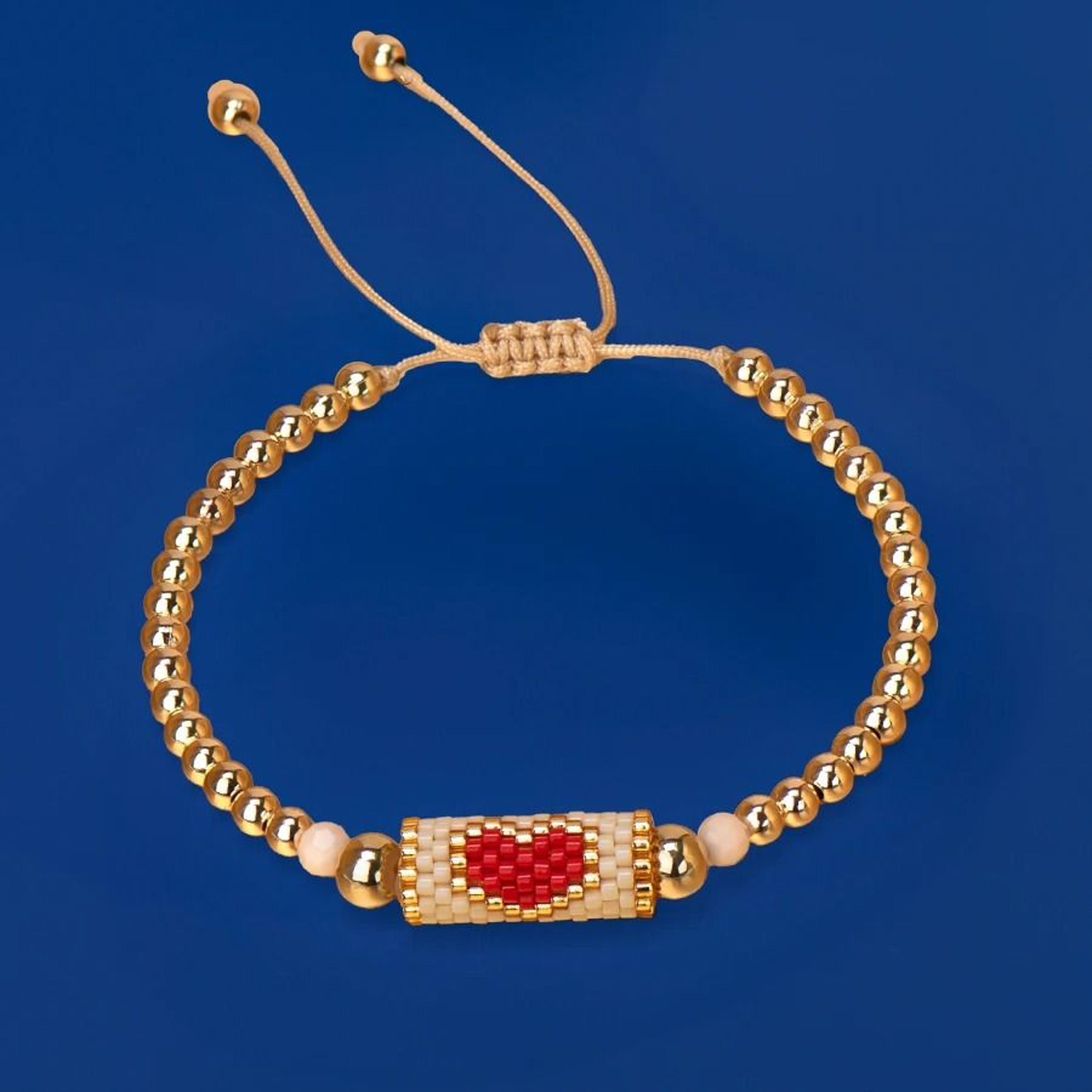 Handmade Woven Heart Beaded Adjustable Gold Accent Boho Summer Wristband 19