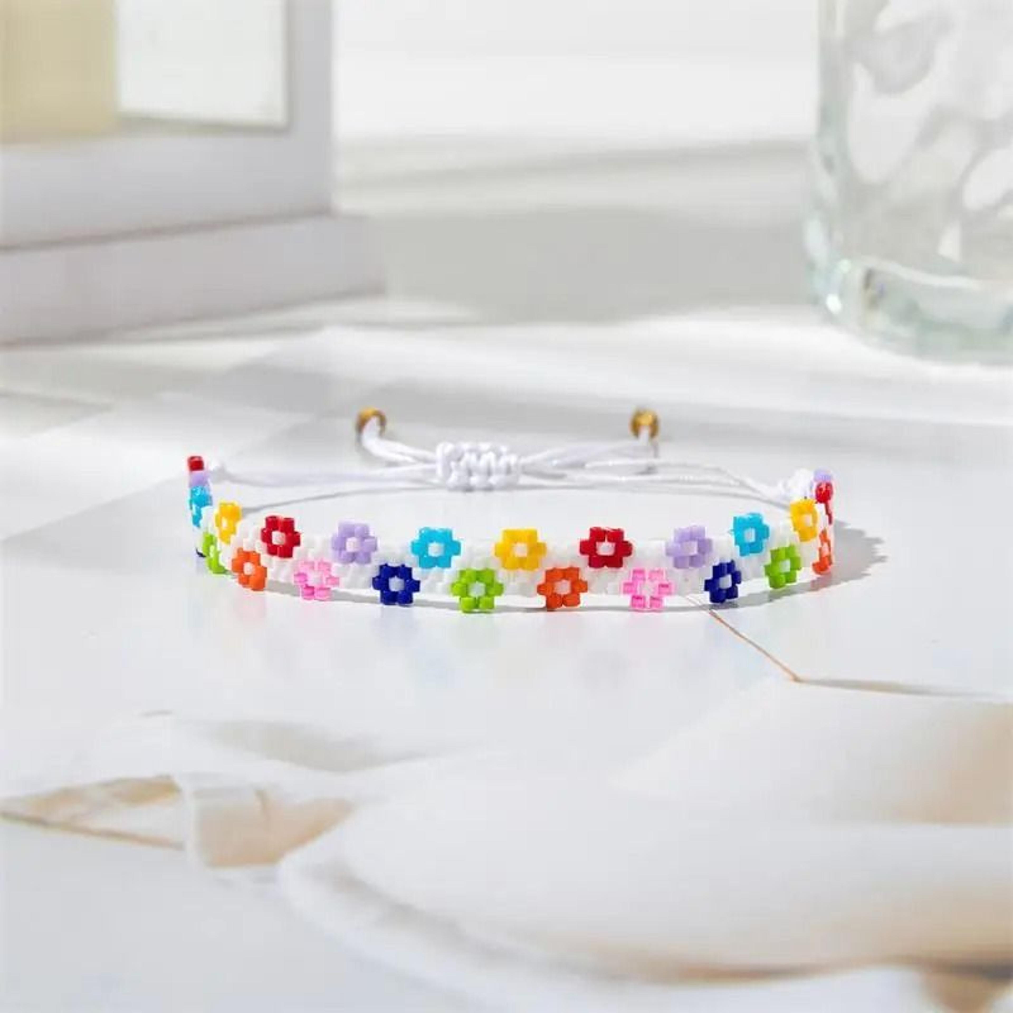 Handcrafted Korean Rainbow Flower Pattern Seed Bead Bracelet Waterproof Charm Jewelry For Women 5