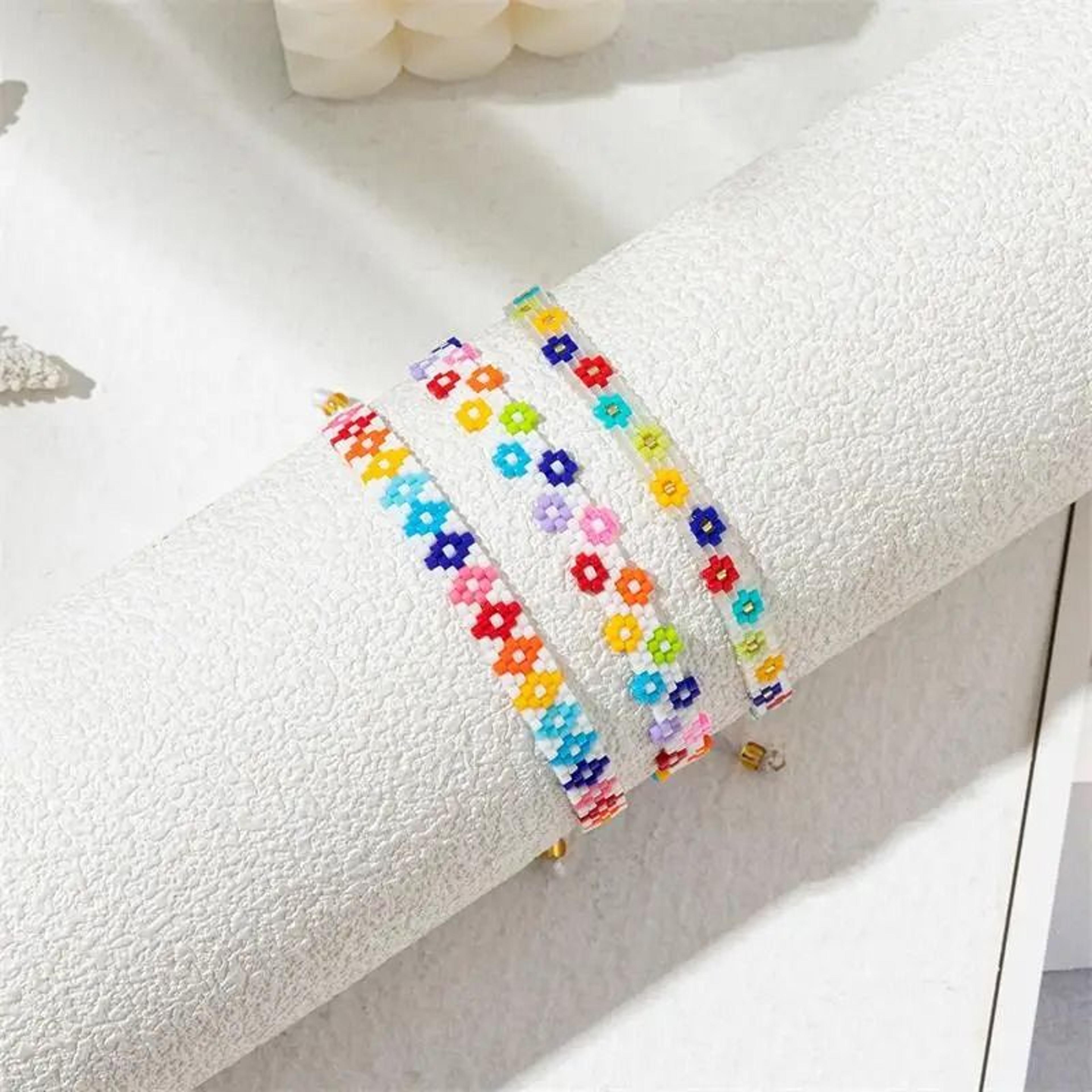 Handcrafted Korean Rainbow Flower Pattern Seed Bead Bracelet Waterproof Charm Jewelry For Women 0