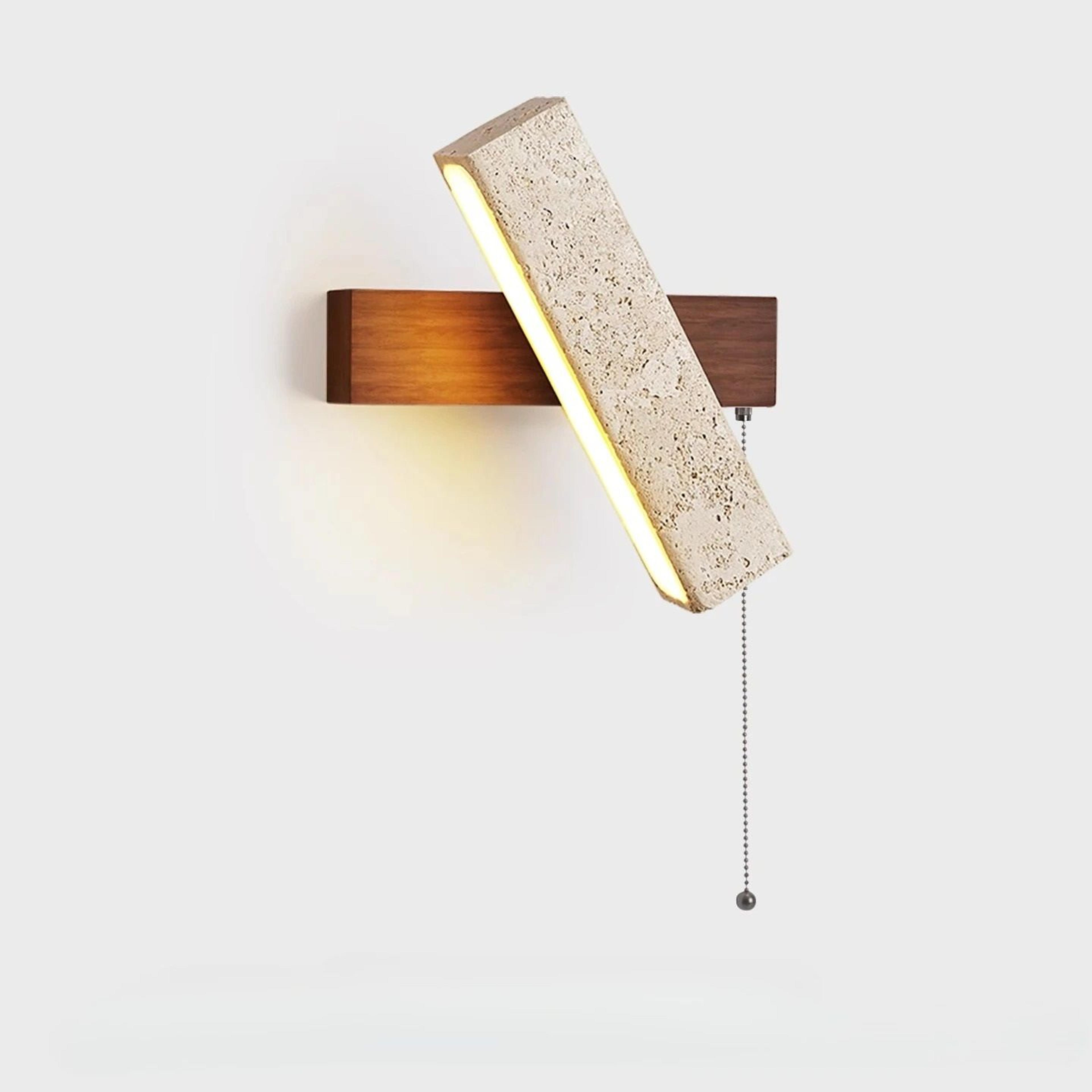 Japanese Wabi Sabi Yellow Travertine LED Wall Light With Pull Chain Switch And Rotatable Wooden Bas 0