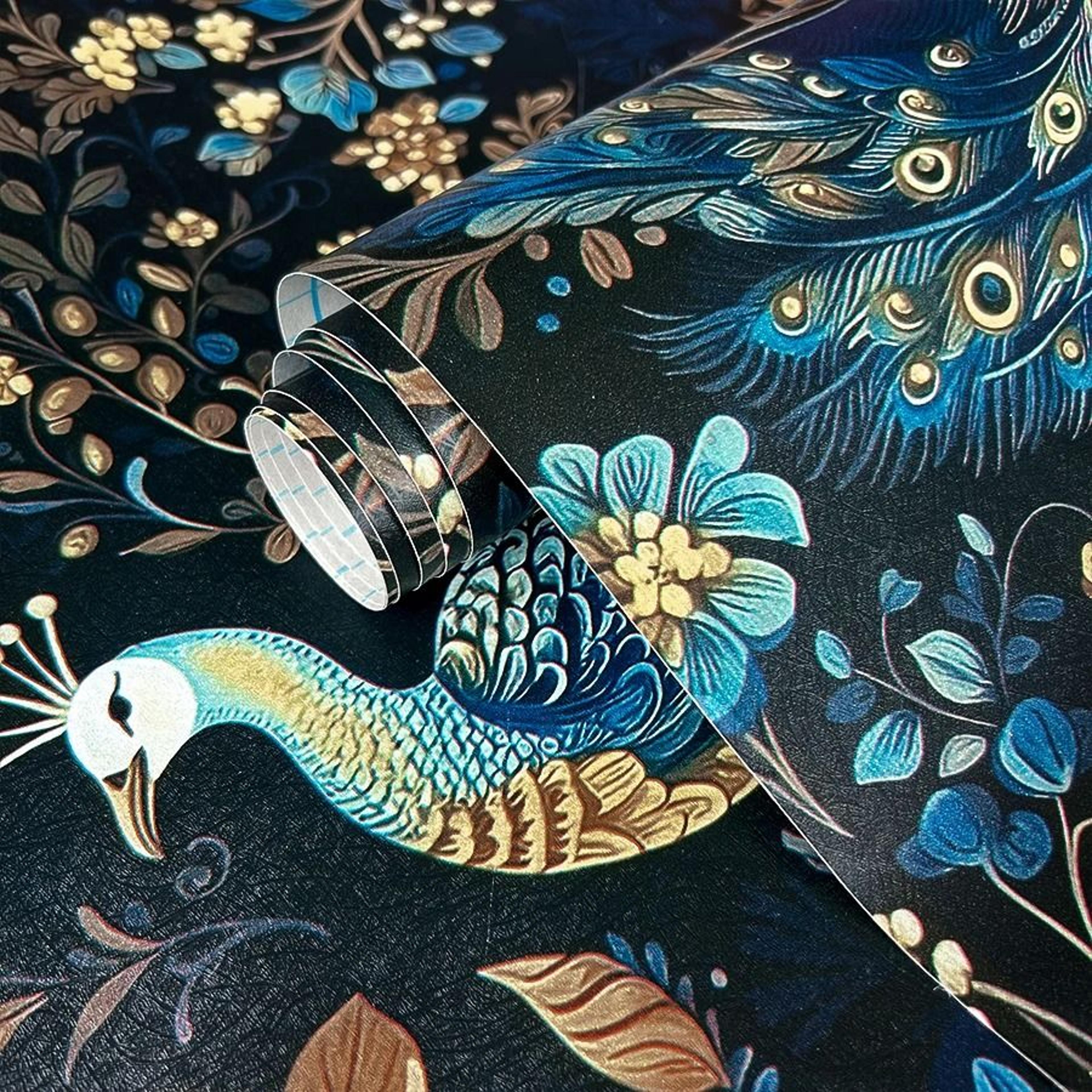 Blue Peacock Flower Pattern Surface Roll Waterproof Self Adhesive Vinyl Wallpaper Cabinet Film 2