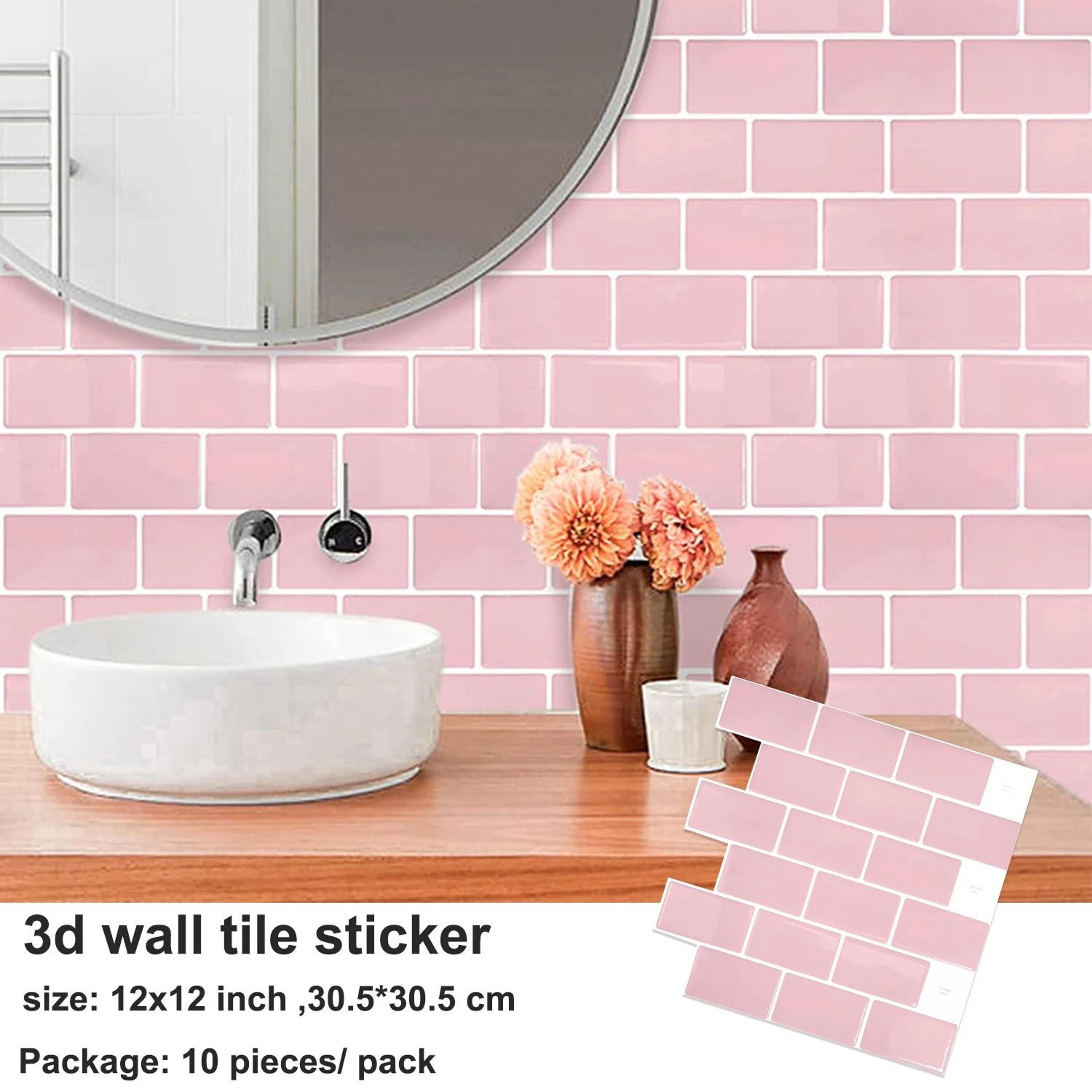 3D Pink Brick Pattern Wall Stickers Waterproof Peel Stick Tile Backsplash 10 Sheet Pack 0