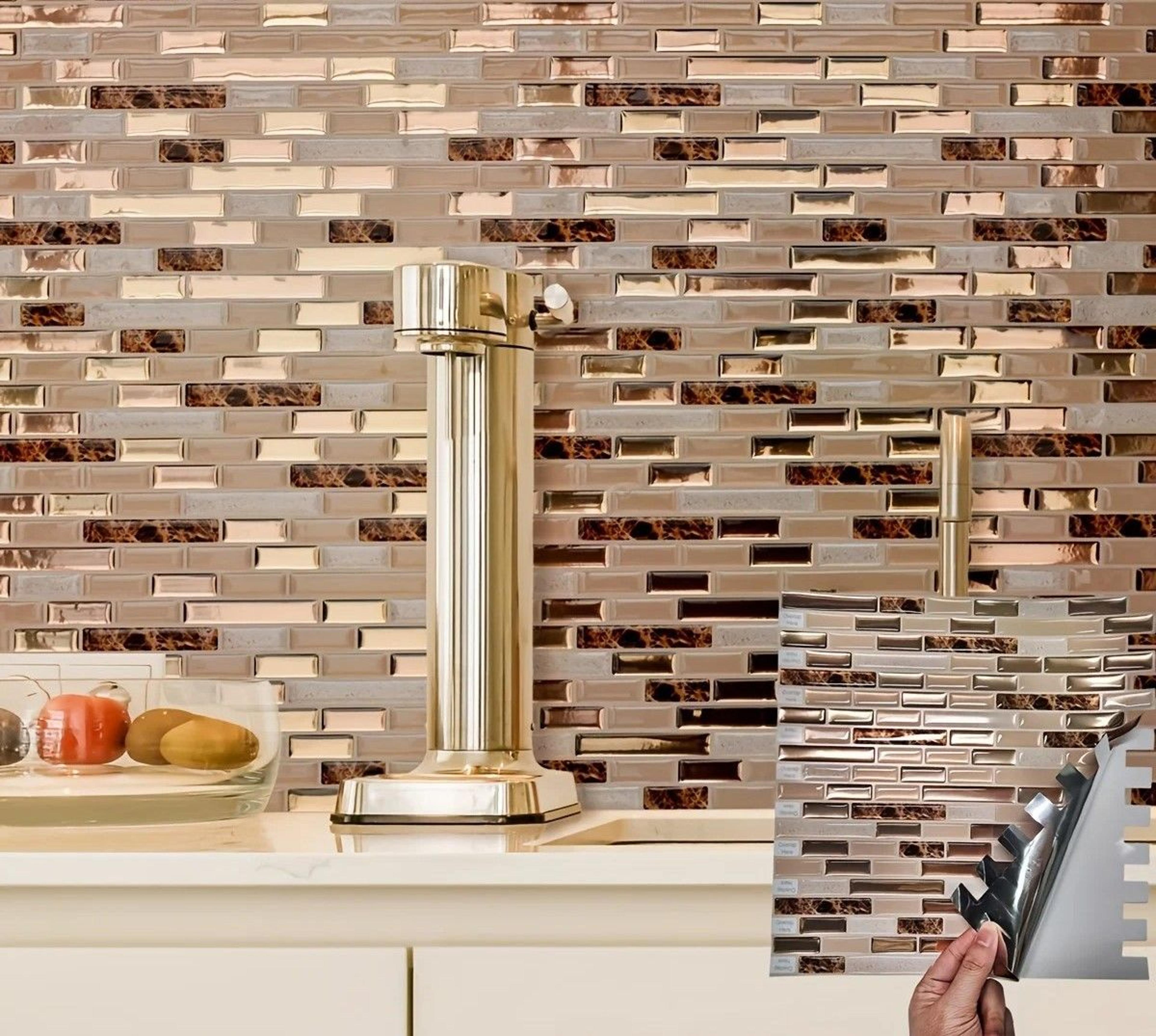 Gold Mosaic Pattern Self Adhesive Waterproof Kitchen Backsplash Wall Tile Pack 4