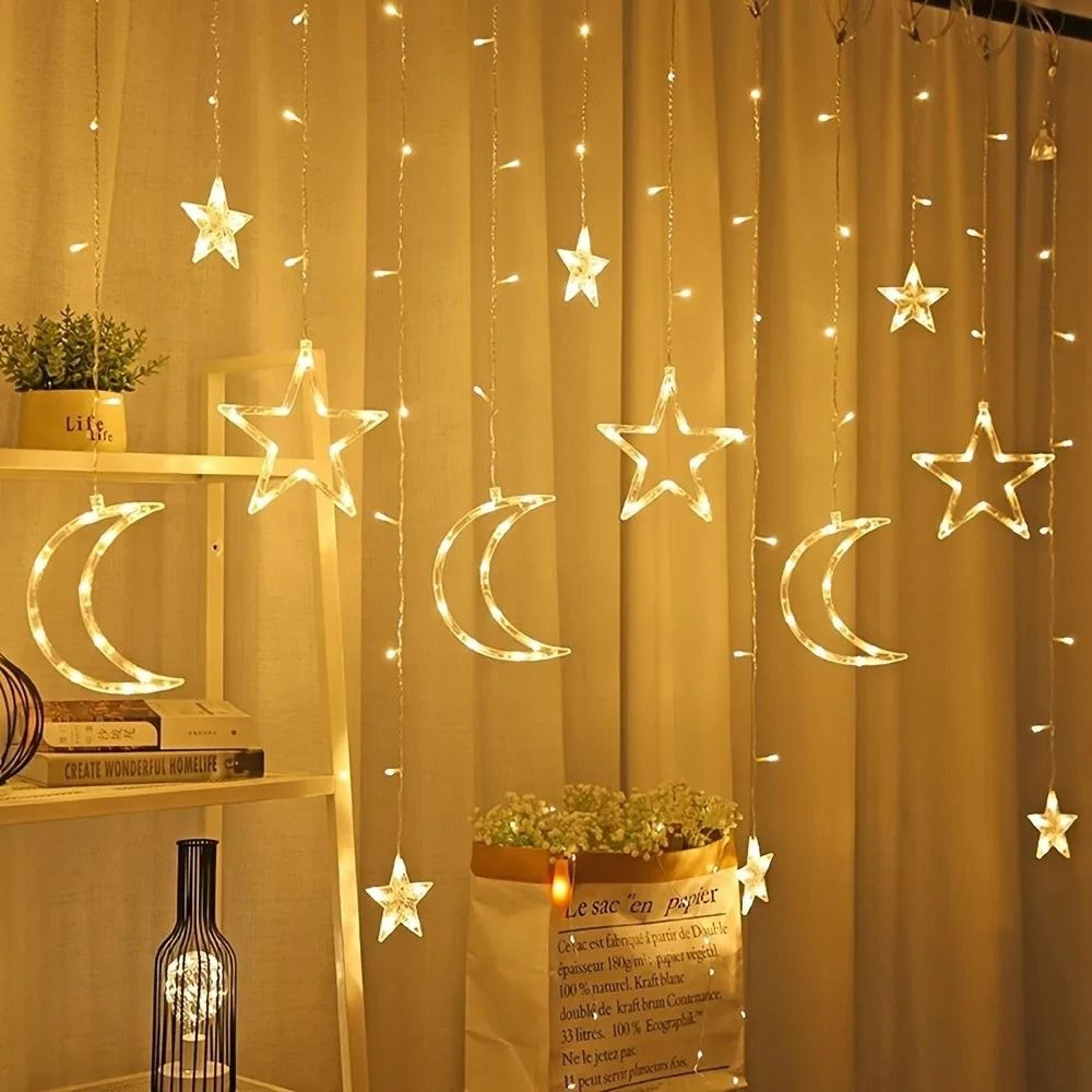 battery operated crescent moon and star led curtain lights for bedroom and festive decor