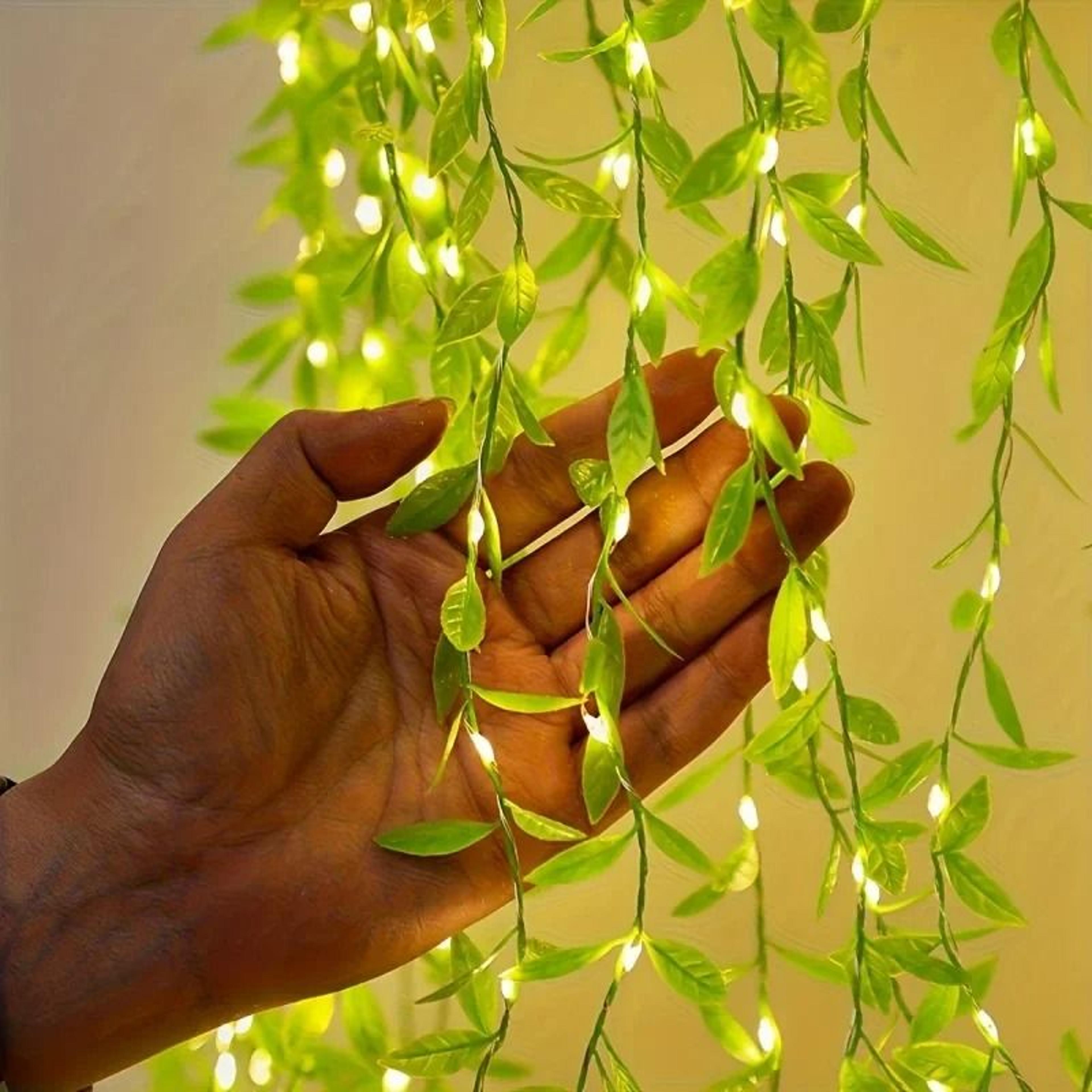 Battery Powered Willow Leaf Copper Wire LED Curtain String Lights For Botanical Home Decor 0