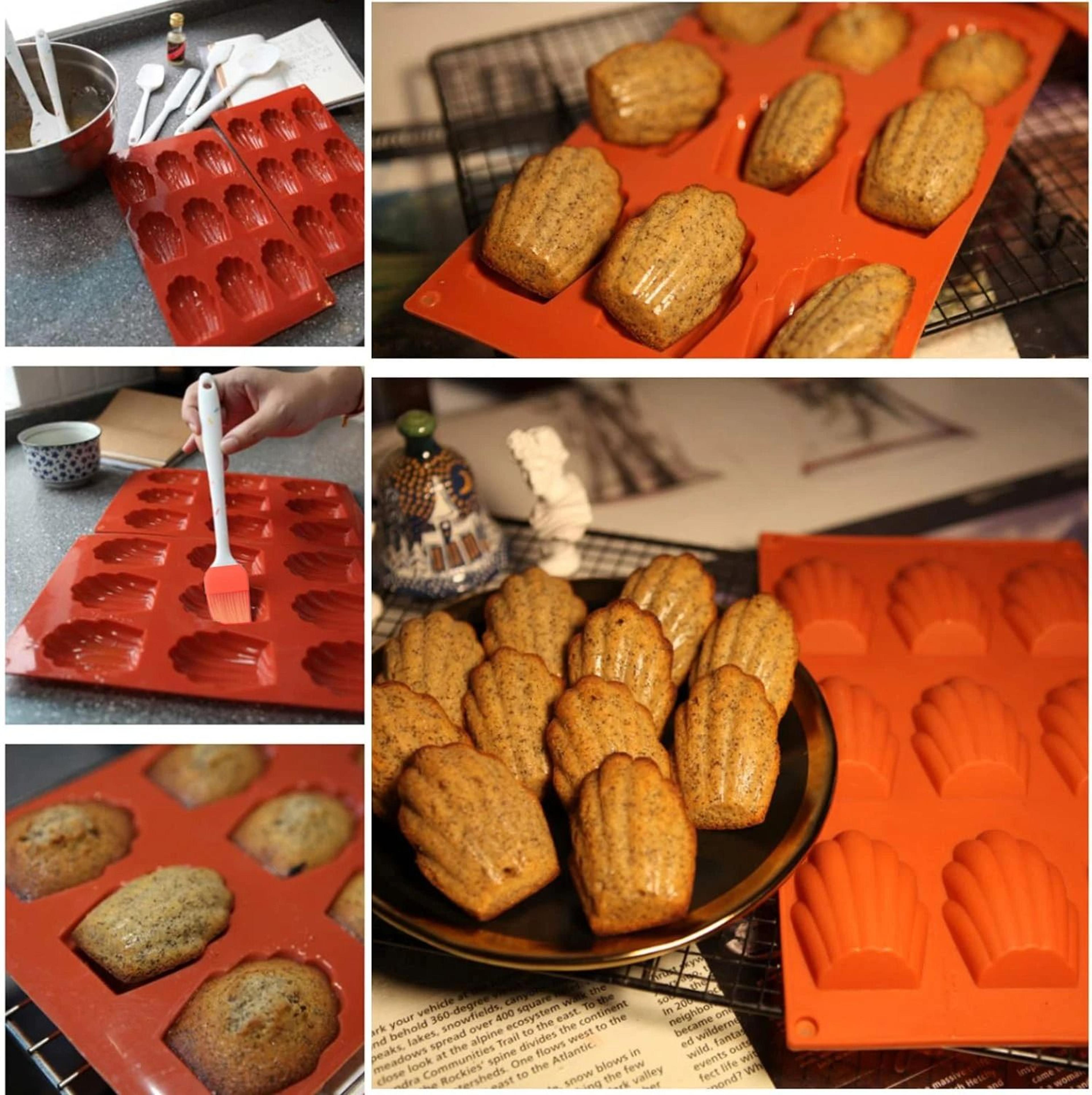 2 Pack Silicone Madeleine Baking Pans Non Stick Shell Shaped Cookie Molds With Brush 1