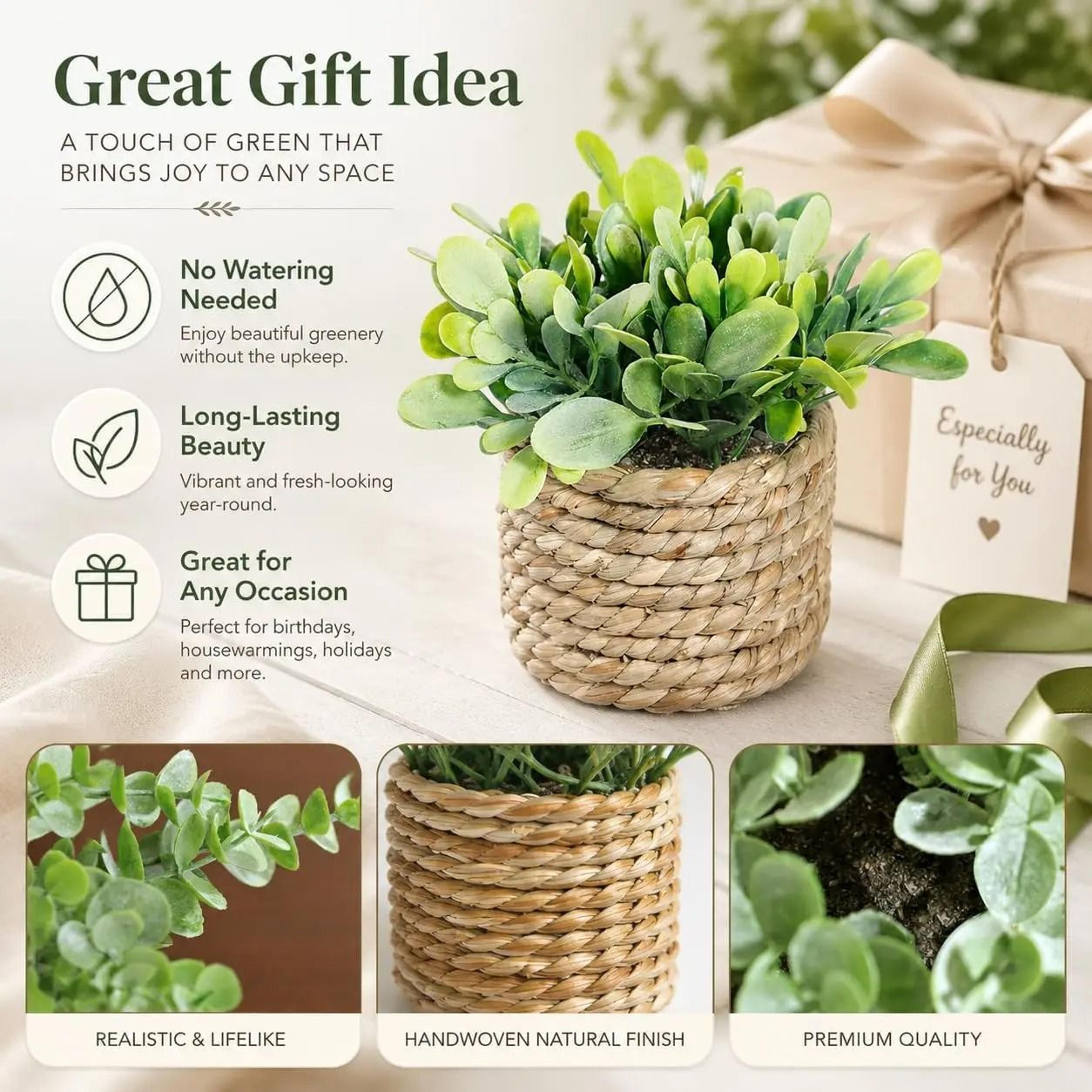 Mini Artificial Potted Eucalyptus Fake Greenery In Grass Woven Pot For Desk Decor 3