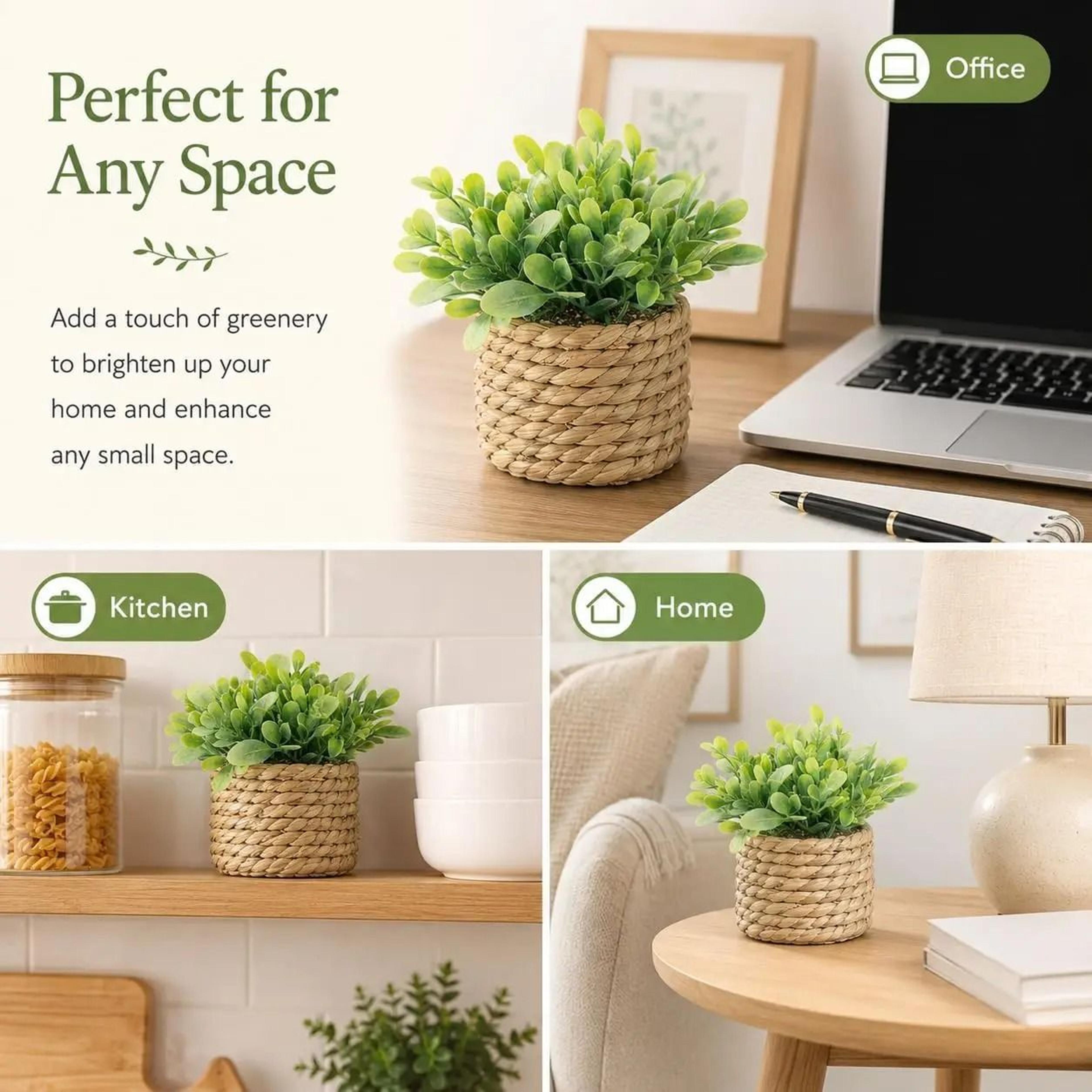 Mini Artificial Potted Eucalyptus Fake Greenery In Grass Woven Pot For Desk Decor 2